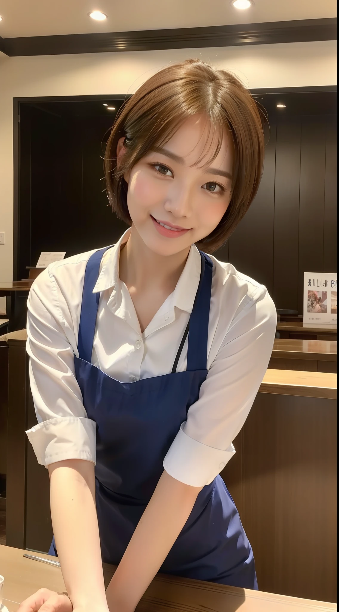 ((Top Quality, 8k, Masterpiece: 1.3)), Sharp Focus, One Girl, Slim Beauty: 1.2, Brown Hair, Short Hair, (Big: 1.5), (Layer Cut), Detailed Eyes, Double Eyelids, Cute Smile, (Mouth Closed), (Cute Japan Human-Faced Beauty), Soft Skin, Reflecting the whole body, Ultra Realistic, Ultra Detailed, High Quality, (Beautiful short-haired waitress who comes to the table to take orders)