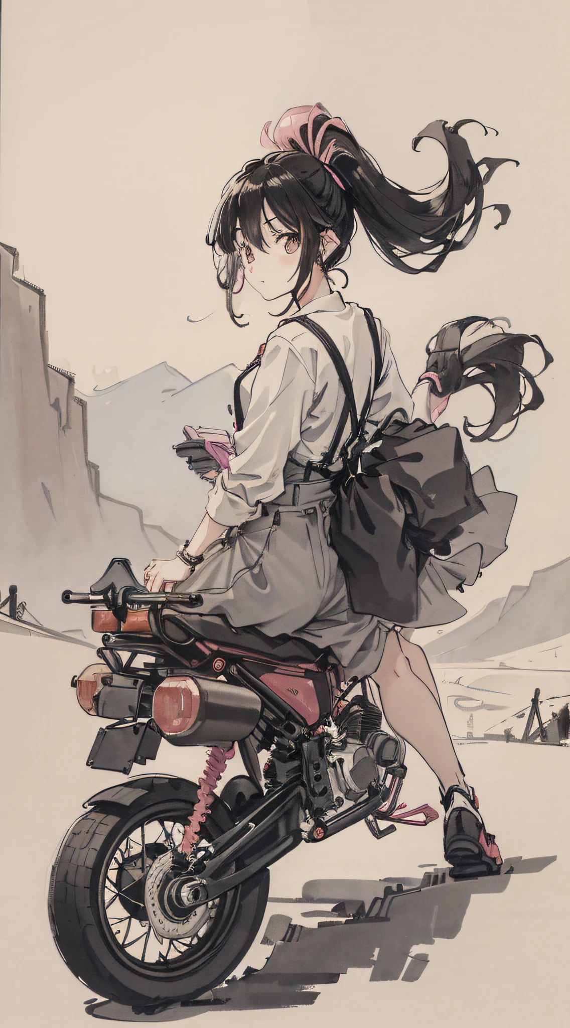 Girl riding pink motorcycle, ball head, flowing hair, back to me, holding mobile phone in hand, cute, funny, suspenders, road background, vehicle, spoof, streamer, black hair, black cloth shoes, ink, landscape, HD