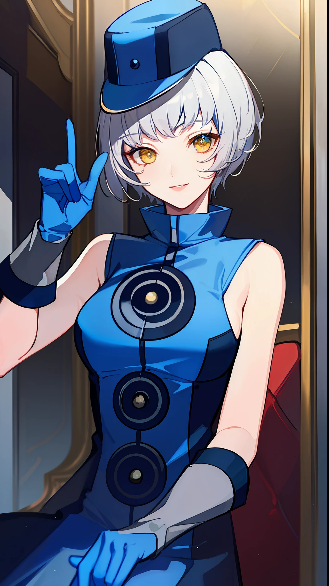 (((Masterpiece)))), (((Best Quality)))), ((Very Detailed))), Detailed Fingers, Precise Fingers, Non-Unnatural Hands, Golden Eyes, Silver Hair Shortcut, Blue Elevator Girl Hat, Sleeveless Blue Elevator Girl Costume, Blue Gloves, Elizabeth, Royal Elegant Pose