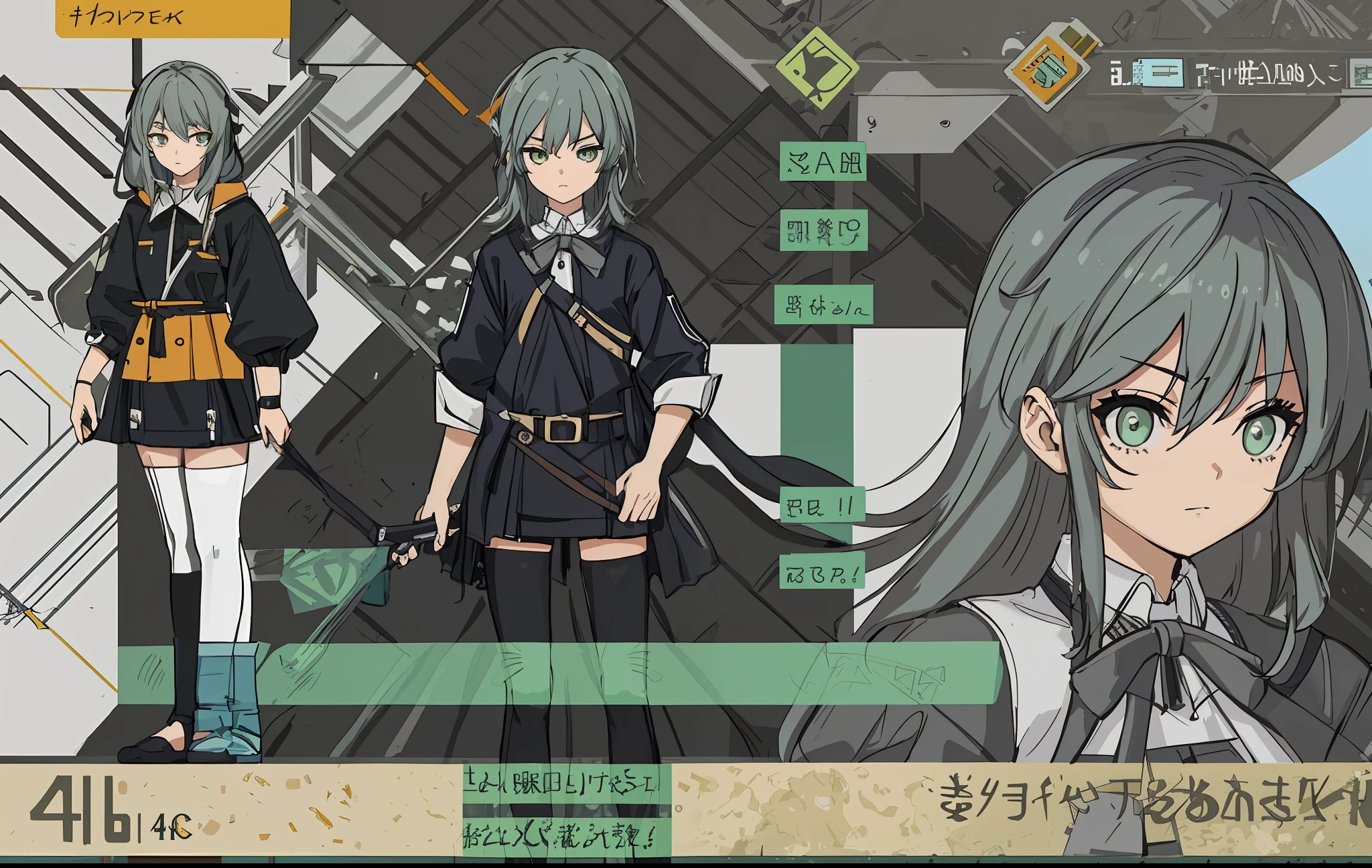 triangle hairpin,charturnerv2, 1boy, full body, same costume, concept art, full body, detail_face, line_sketch, PlanIt, official art, official alternative clothing, design style, multi-style, detail character, 4_side, original, 8K GC, lots of detail, multiple views of the same character, no background, only detail character, technical illustration, multi-view, masterpiece, best quality, black tights, Long eyelashes with leggings, grey-green hair, crossed bangs, amber eyes, horizontal pupils, tachi-e