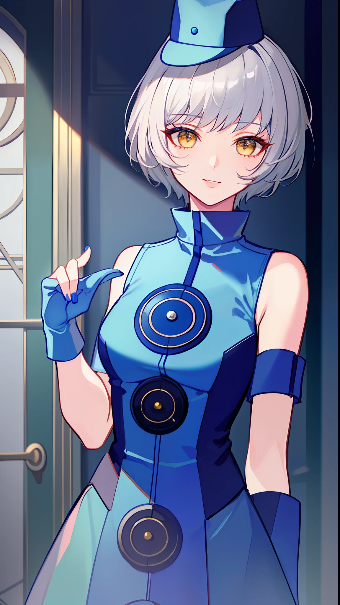 (((Masterpiece)))), (((Best Quality)))), ((Very Detailed))), Detailed Fingers, Precise Fingers, Non-Unnatural Hands, Golden Eyes, Silver Hair Shortcut, Blue Elevator Girl Hat, Sleeveless Blue Elevator Girl Costume, Blue Gloves, Elizabeth, Royal Elegant Pose