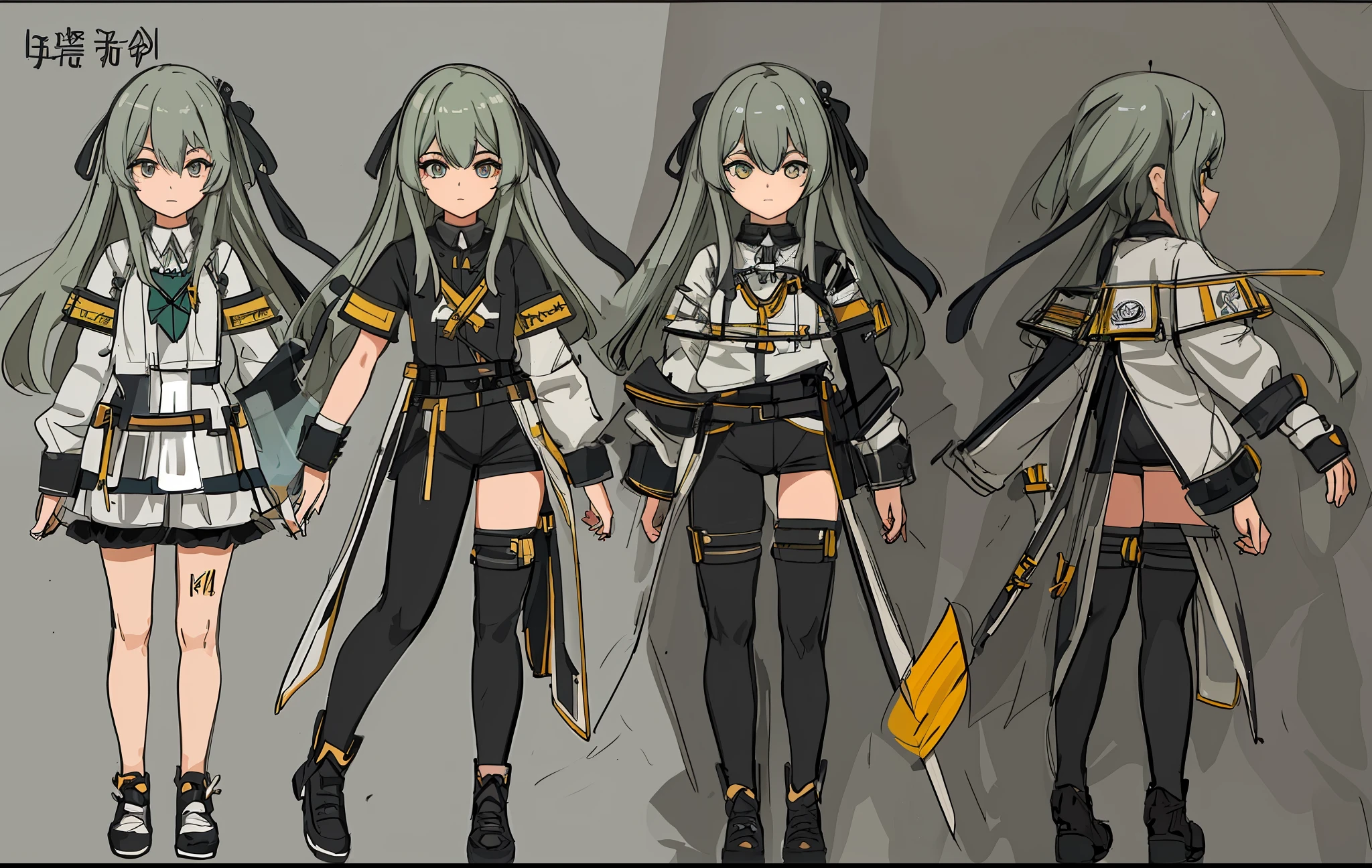 triangle hairpin,charturnerv2, 1boy, full body, same costume, concept art, full body, detail_face, line_sketch, PlanIt, official art, official alternative clothing, design style, multi-style, detail character, 4_side, original, 8K GC, lots of detail, multiple views of the same character, no background, only detail character, technical illustration, multi-view, masterpiece, best quality, black tights, Long eyelashes with leggings, grey-green hair, crossed bangs, amber eyes, horizontal pupils, tachi-e