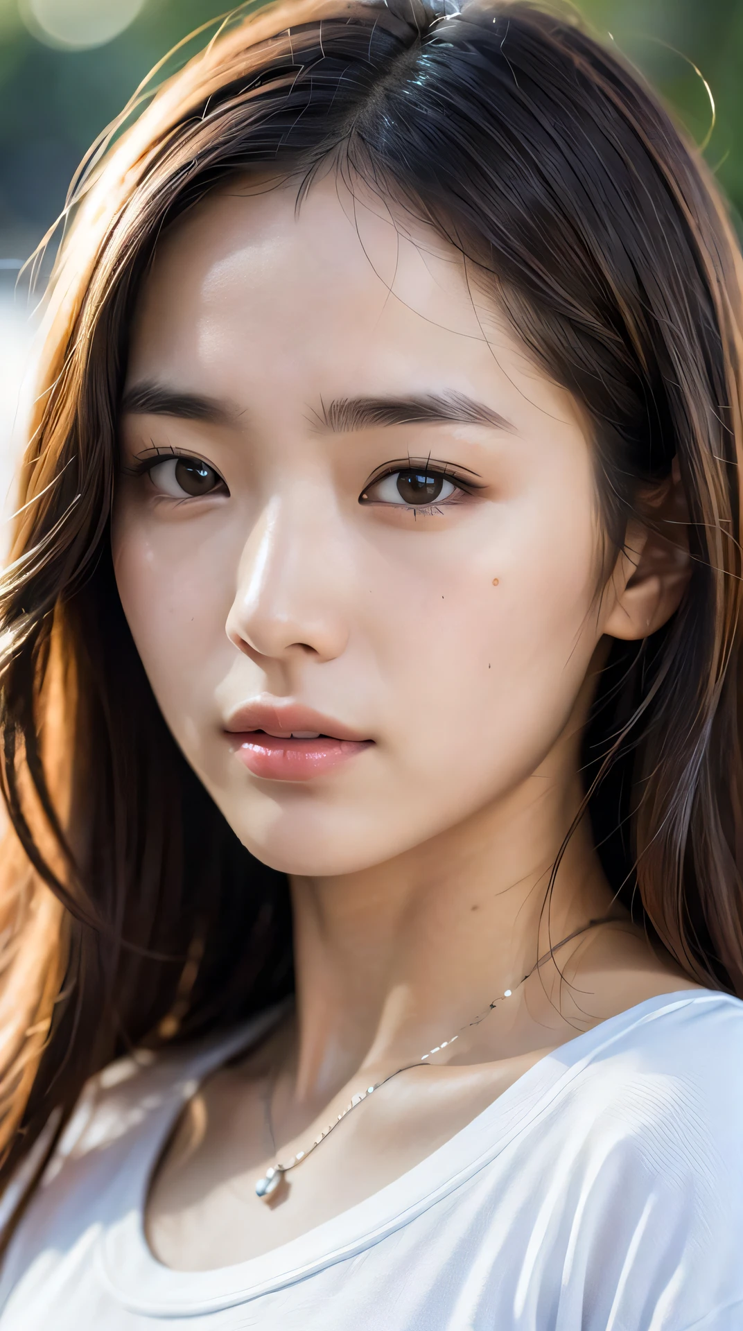 8k, best quality, masterpiece, realistic, ultra detail,  photography, HDR, ROW photo, highres, absurdres, smoother light, official art, depth of field, (brightening light:1.1),
face close-up, slender, finely detailed face, shy, beautiful details eyes, 19years old korean, pretty, (best quality real texture skin:1.4),
t-shirts, wind,