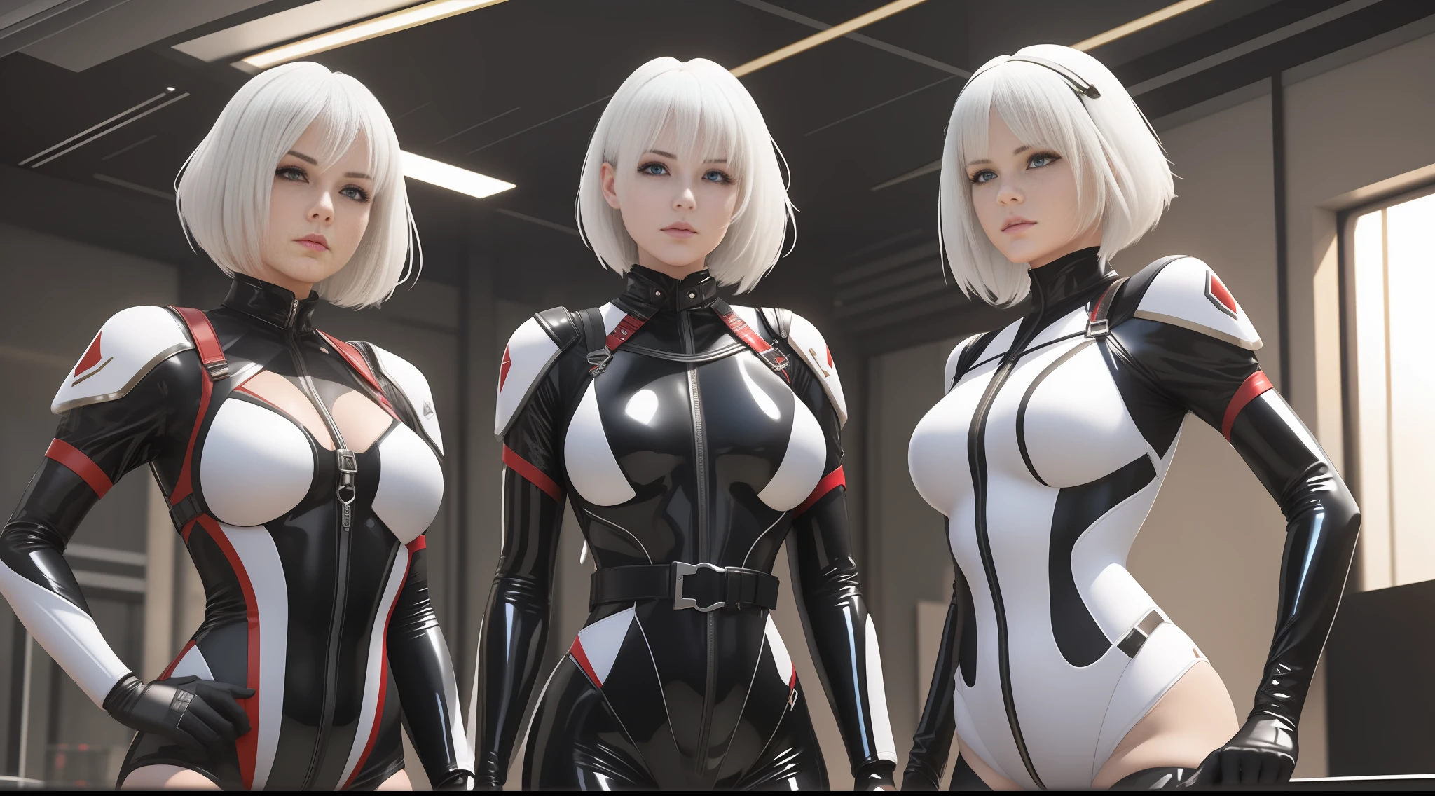 picture Unreal Engine 5 128K UHD Octane, fractal, pi, realistic beautiful of two girls, face detailed, wearing tight latex catsuit, wearing latex belts and body harness, one girl have short white hair while other one have long hair, best quality, masterpiece