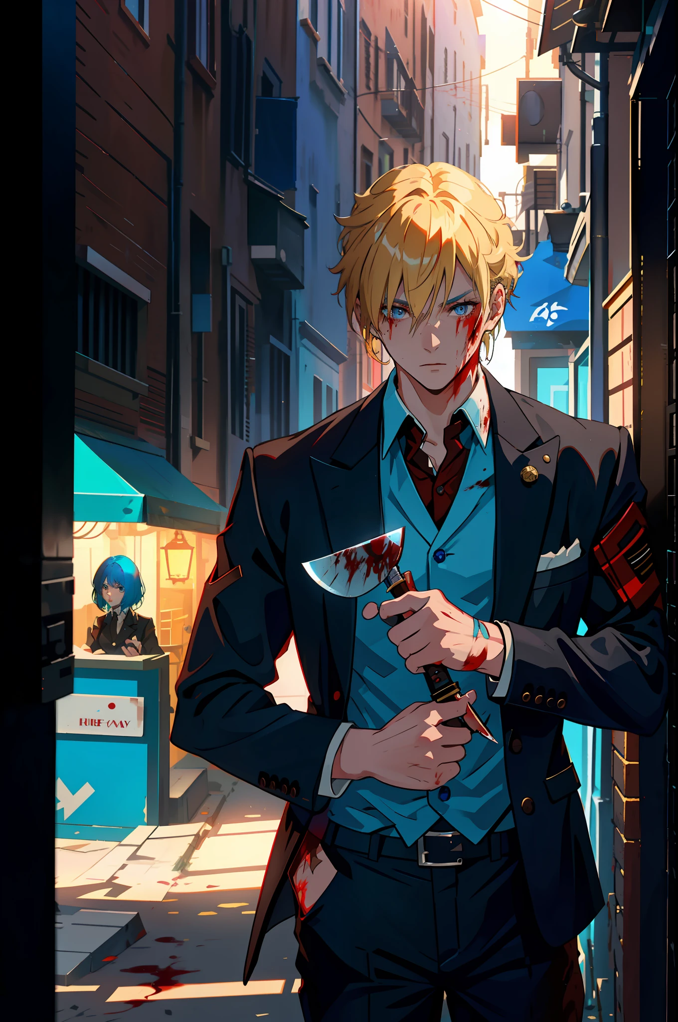Blue-haired, brown-eyed character (Aiming a knife in the direction of another blonde-haired character with a bit of blood in his suit), [in a dark alley where only a white light reflects on them]