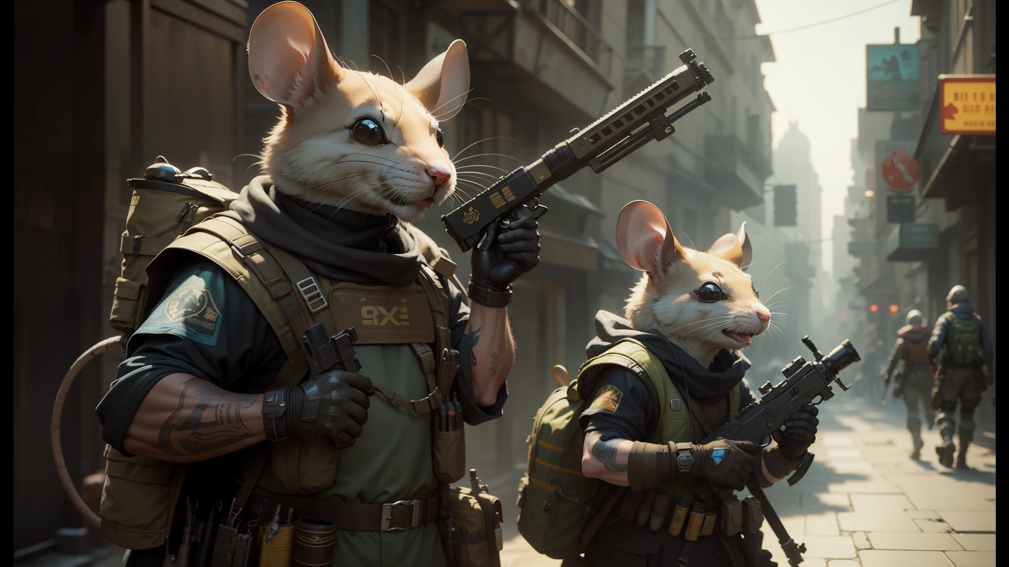 there are two mice that are walking down the street with guns, in style of apex legends, rendered in 8 k unreal engine, inspired by Enki Bilal, entourage, the artist has used bright, award-winning sci-fi, disney concept art :: nixri, master splinter, streaming --auto --s2