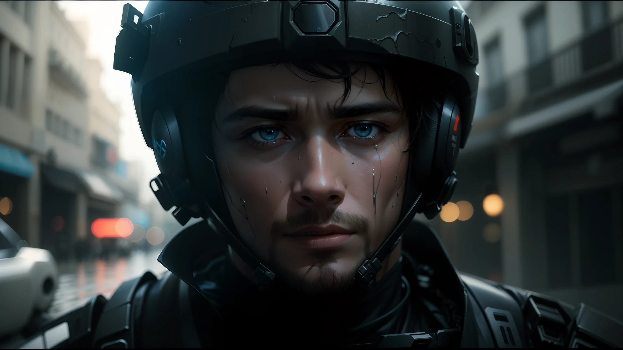 there is a man wearing a helmet and a wet suit, cinematic still frame, edgar maxence and ross tran, face close - up, futuristic soldier, movie still of a tired, by Pierre Laffillé, military, without helmet, male with halo, shattered earth, chappie, colour corrected --auto --s2