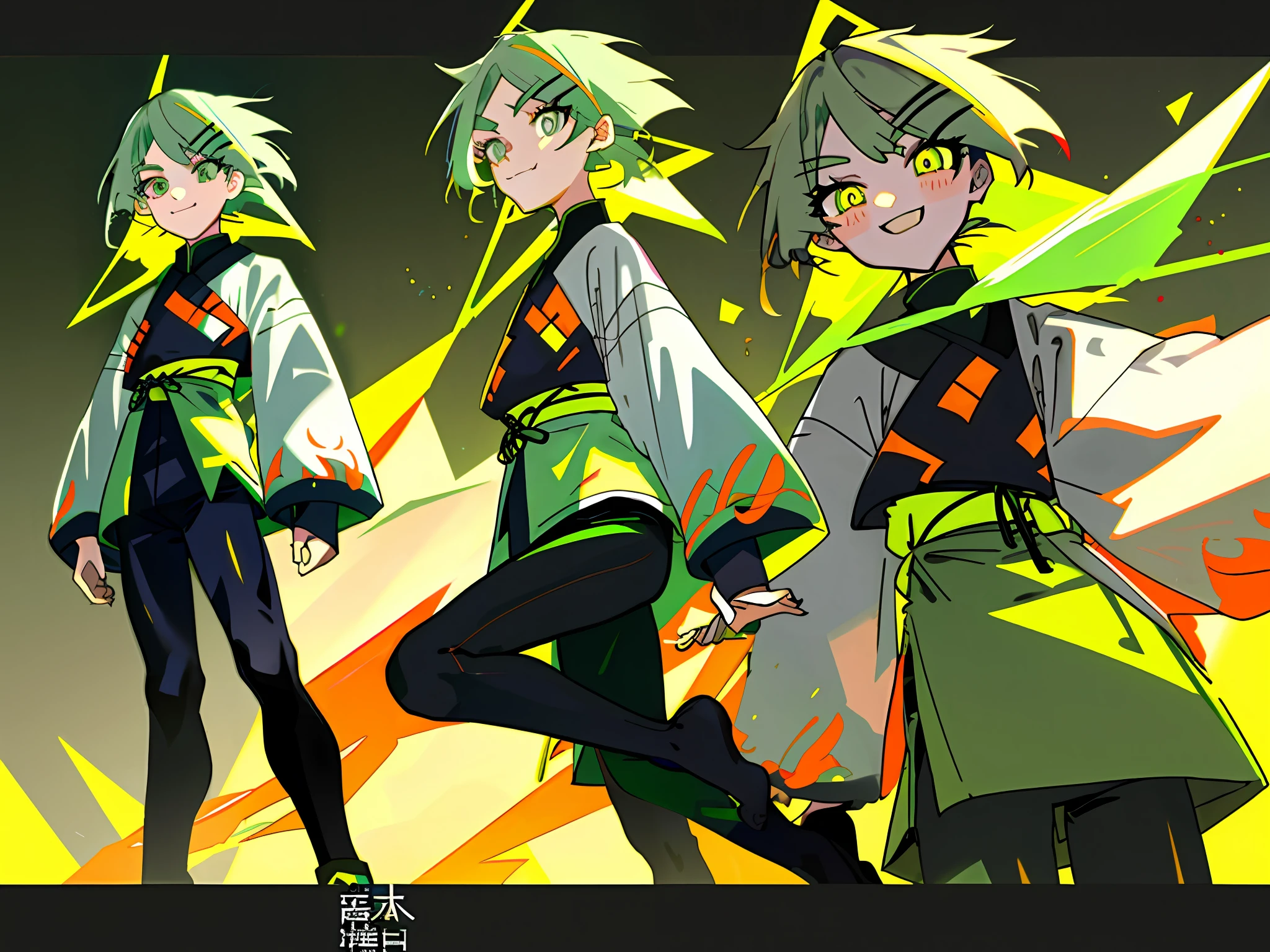 Triangular hairpins, hands, feet, costume, man, black tight-fitting top, leggings, tsundere, multiple views of the same character, long eyelashes, light smile, fangs, gray-green hair, crossed bangs, amber eyes, horizontal pupils, tachi-e, 8k