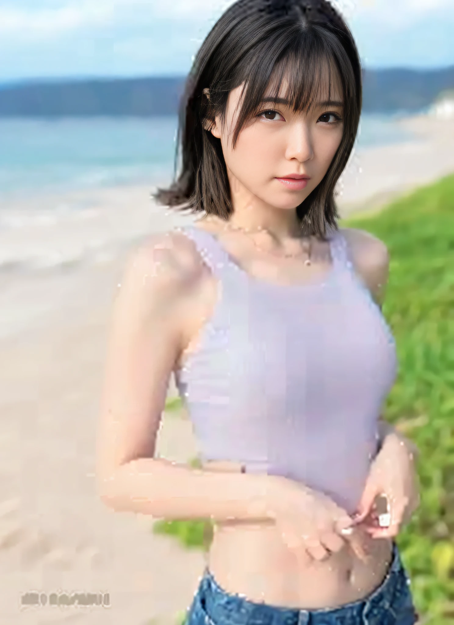 there is a woman standing on the beach with her hands in her pockets, young pretty gravure idol, young gravure idol, 奈良美智, realistic young gravure idol, young skinny gravure idol, young sensual gravure idol, ayami kojima amano, chiho, sui ishida, shiori teshirogi