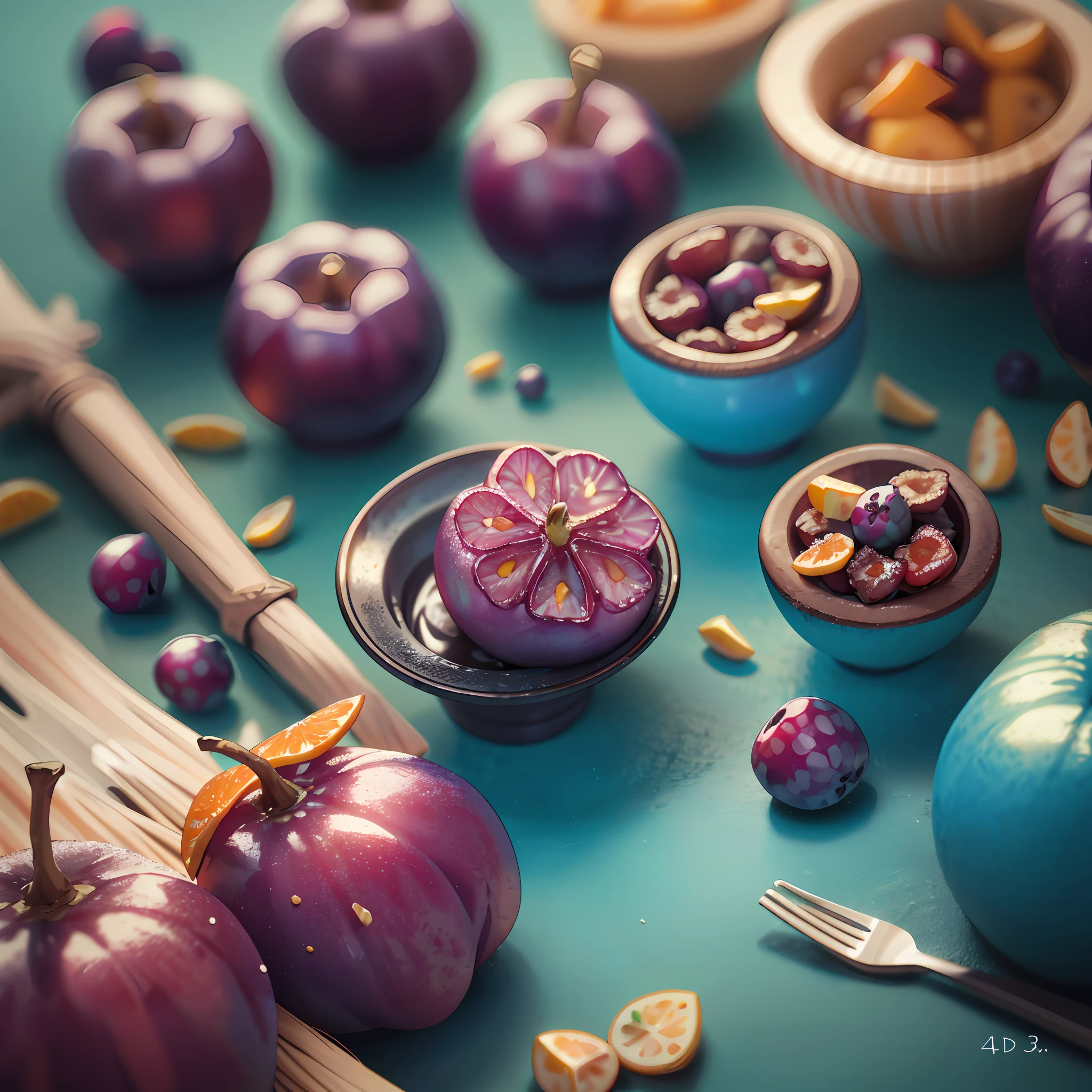 there are many different fruits and vegetables on the table, amazing food photography, fairy fruit. octane render, 4k polymer clay food photography, culinary art photography, still life photography, trend on behance 3d art, trend on behance 3 d art, food photography 4 k, close up food photography, hyper realistic 3 d render, 4k food photography