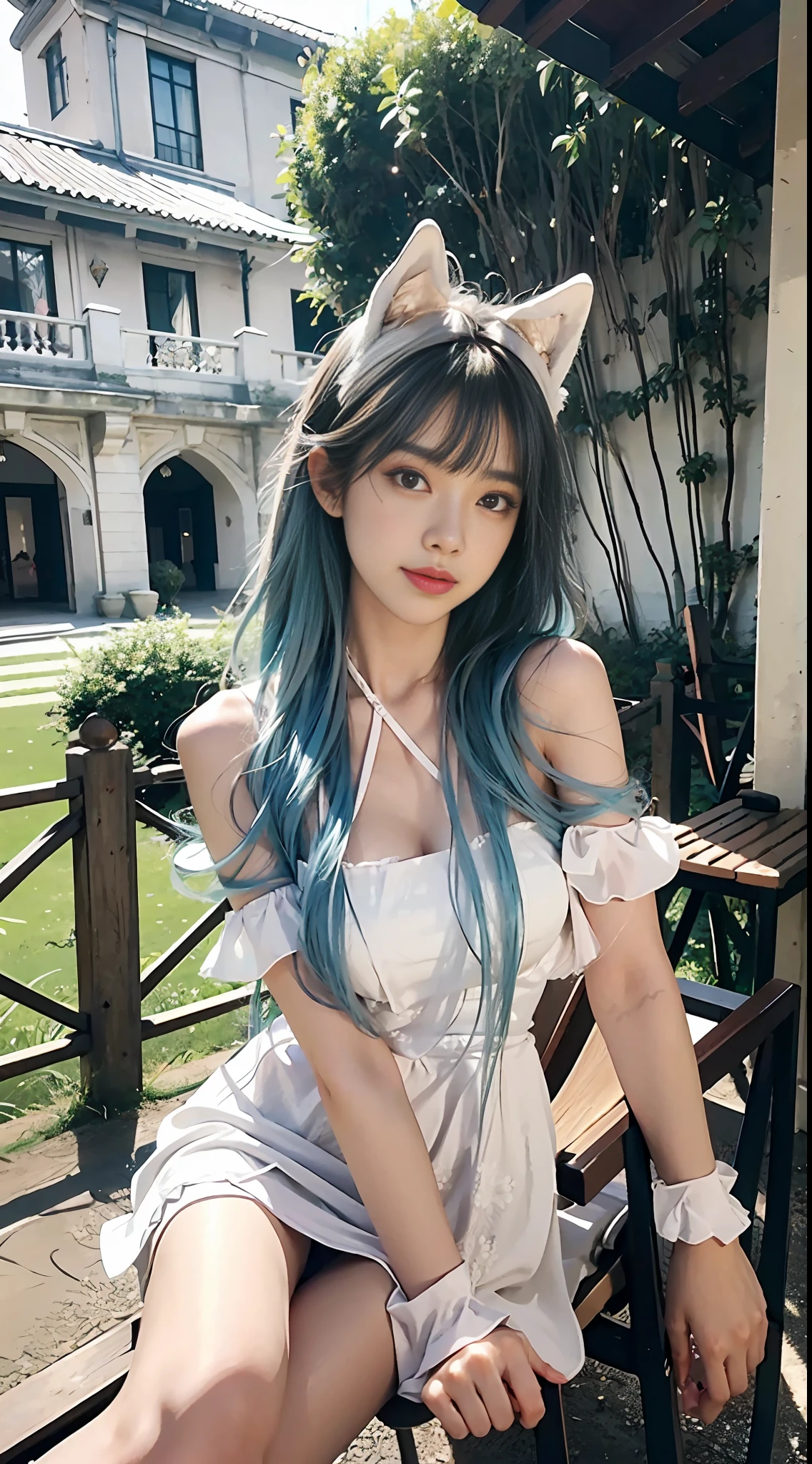 Bust photo, face shot, face specific, (((one person)), ((light cyan hair))), (super fair oily skin)))), a beautiful girl, delicate hairstyle, rabbit ears, jewel hair accessories, delicate pale pink clothes, (pale pink clothes: 1.9), furry texture, fluff details, (gold pattern: 0.5), bare shoulders, white skin, delicate clothes, delicate fluff details, eye highlights, delicate clothing, delicate patterns, antique style, Chinese style, Fine portrayal, extreme detail, cinematic quality, thin, slender, broken, hair details, thin bangs, shawl hair, right body, shadows, air bangs, 8K, super fine, fine fluff texture, supple, hair, fluff hair, gemstone decoration, (tulle: 1.9), smooth, smooth texture, outdoor, sunny, sunny, garden, courtyard, palace, ancient building, castle tower, (garden: 1.8), (correct hand: 2.0), happy laugh: 1.25, full body,