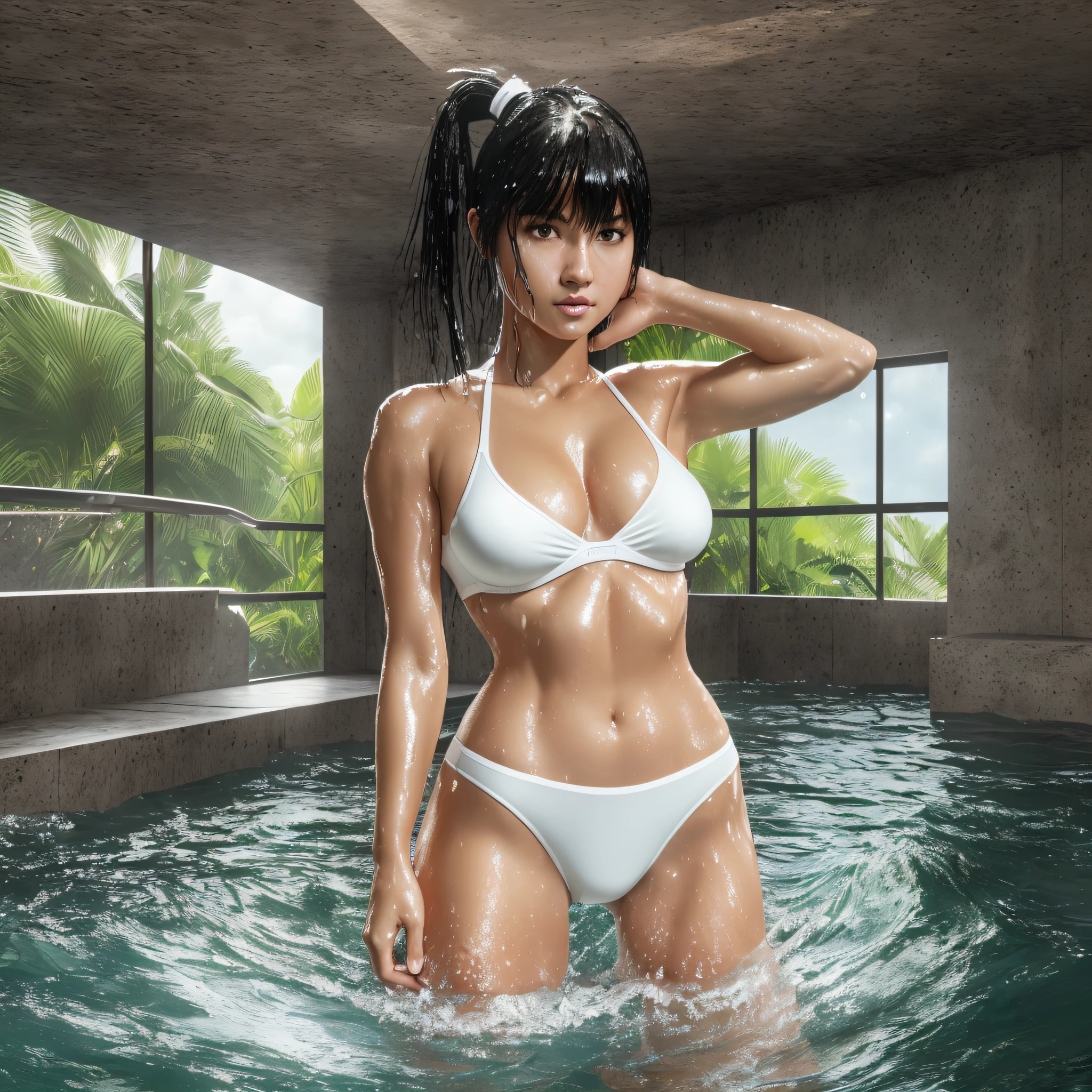 Masterpiece, (Photorealistic:1.4), Best Quality, Beautiful Lighting, (Black Hair) + (Ponytail) + (Bangs), Black Eyes, (Ring Eyes), (Big + White Underwear Only + Wet Underwear), Full Length (Wet), Full Body Image (Water Dripping), 8 Head, Hip Size Naturally, Super Sharp Picture, RAW Photography, 8K UHD, Film Grain --auto --s2