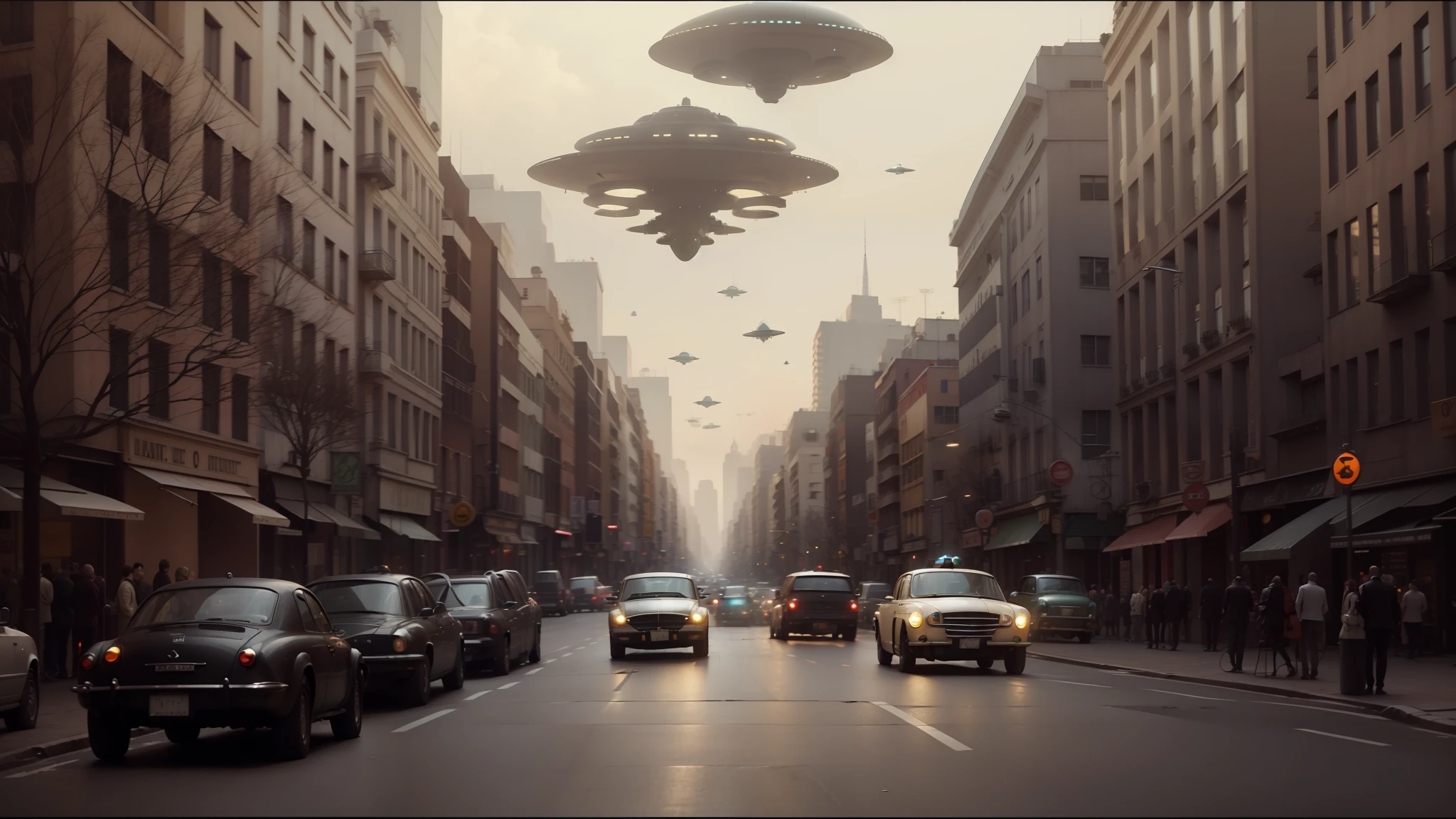 arafed flying object over a city street with cars and people, retrofuturism sci - fi old movie, compositing, alien army, black and white cinematography, flying saucers, inspired by Laurie Lipton, 2 0 1 5 live music video, vril, cg society contest winner, 5 0 s, that we would see in the essoldo, radioactive --auto --s2
