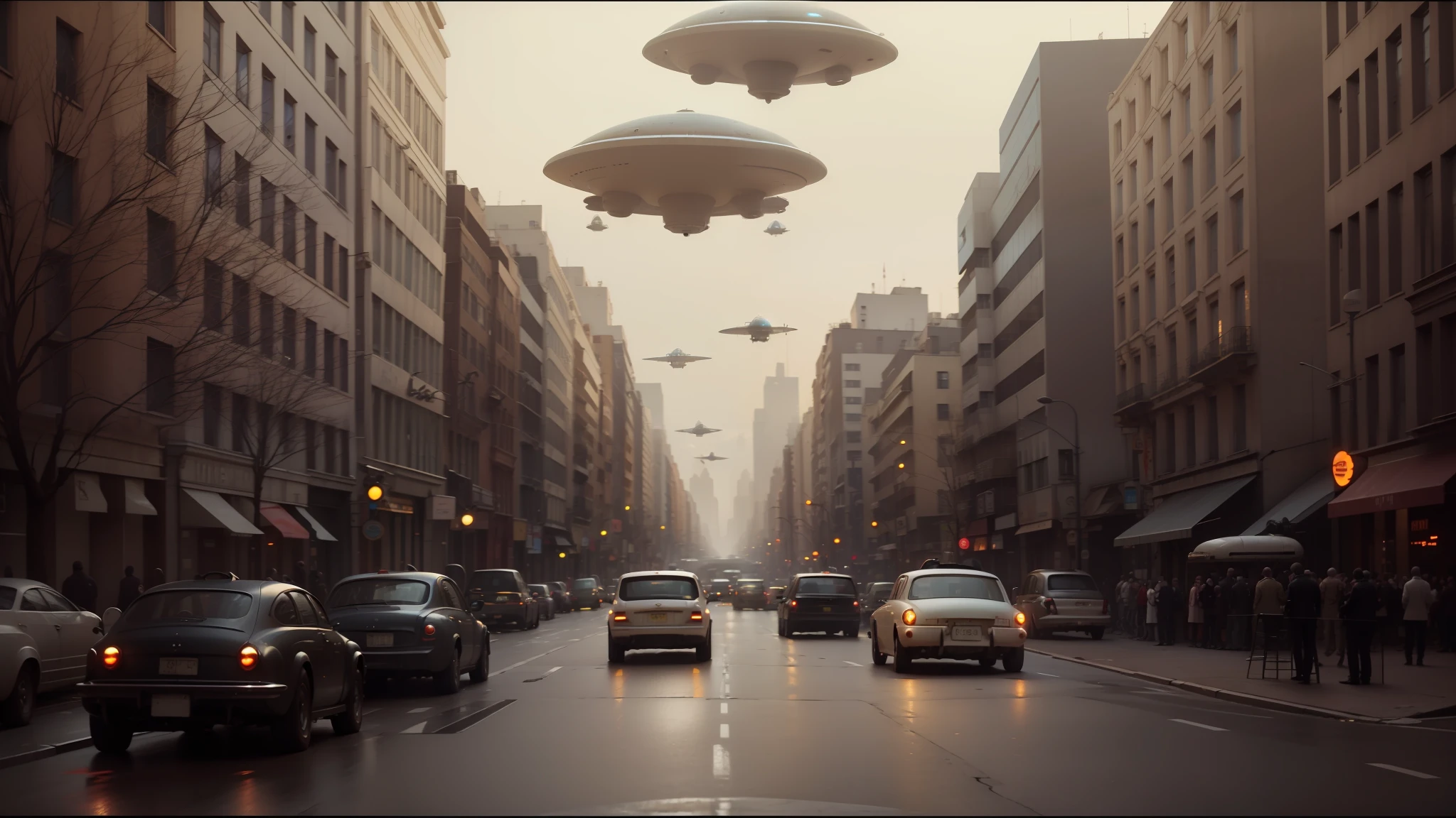 arafed flying object over a city street with cars and people, retrofuturism sci - fi old movie, compositing, alien army, black and white cinematography, flying saucers, inspired by Laurie Lipton, 2 0 1 5 live music video, vril, cg society contest winner, 5 0 s, that we would see in the essoldo, radioactive --auto --s2