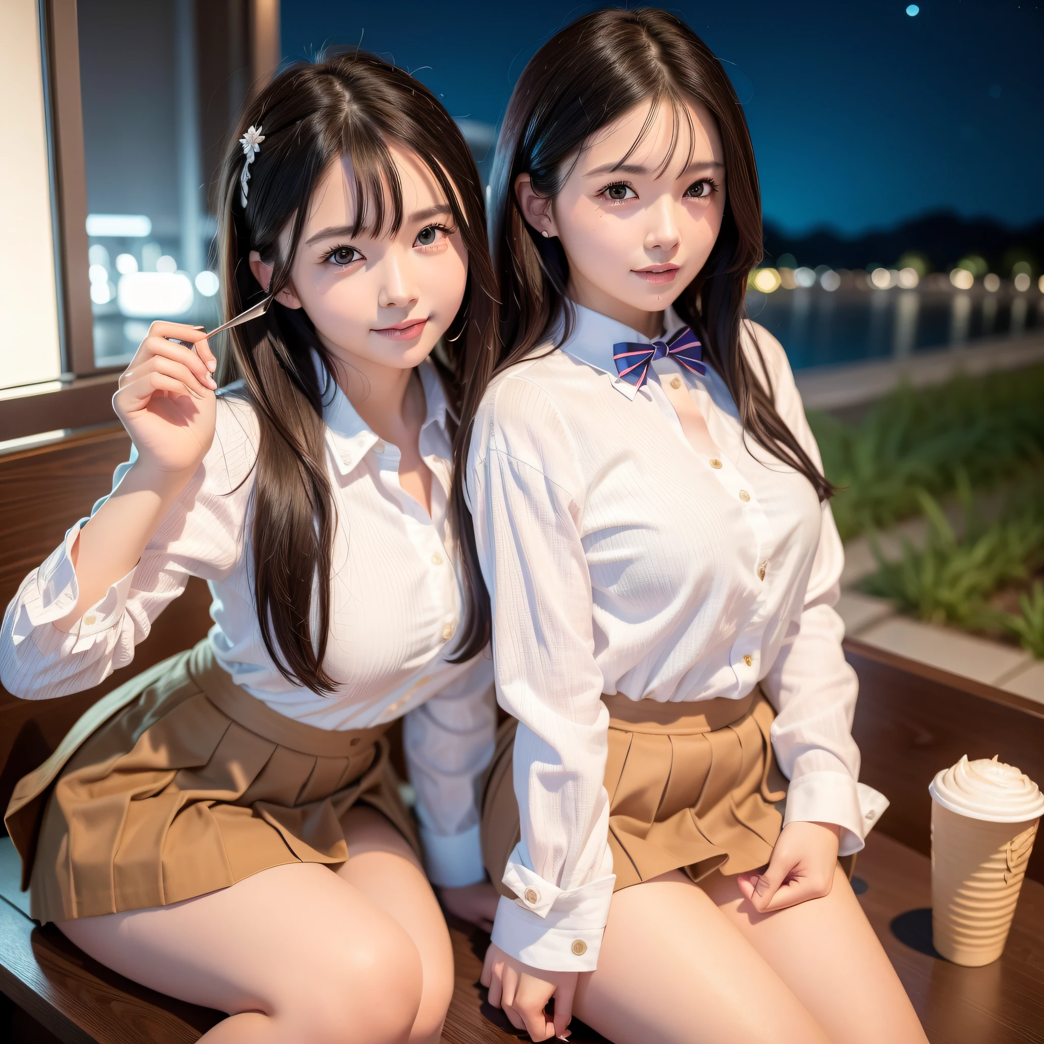 (8k, RAW photo, best quality, masterpiece: 1.2), (realistic, photo-realistic: 1.37), ultra-detailed, 1 girl, cute, solo, beautiful detailed sky, detailed coffee, night, sitting, (flushed nose), (smile: 1.1), medium breasts, beautiful detailed eyes, (collared shirt: 1.1), bow tie, pleated skirt, (short hair: 1.2), long hair, taking great ice cream,