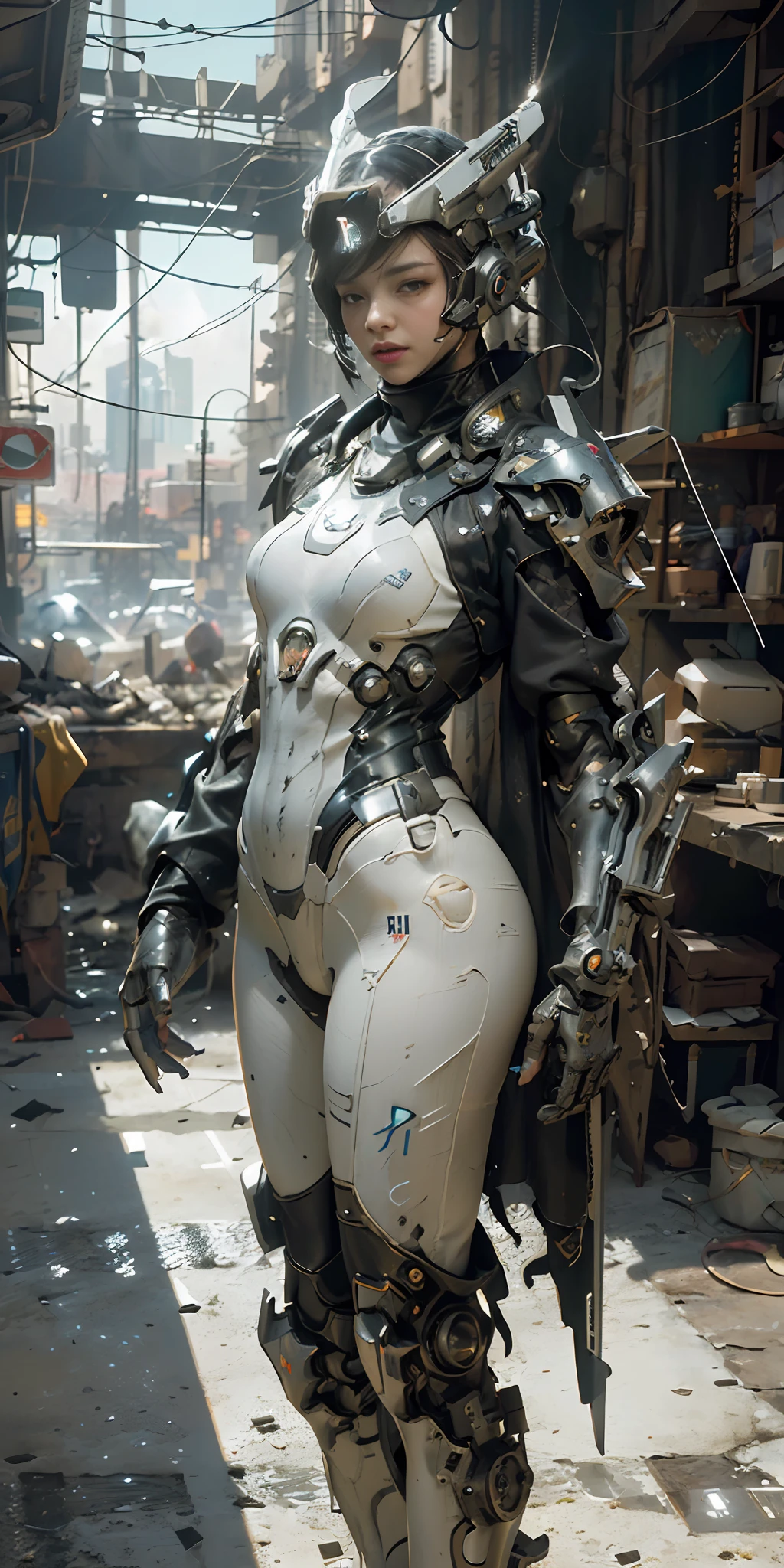 ((best quality)), ((masterpiece)), ((realistic)), (detailed), (photorealistic:1.5), a futuristic girl, (thick body), (white bodysuit), lights on armor, cybernetic headwear, looking at viewer, dynamic pose, post apocalyptic, destroyed city background, buildings on fire, science fiction, hdr, ray tracing, nvidia rtx, super-resolution, unreal 5, subsurface scattering, pbr texturing, post-processing, anisotropic filtering, depth of field, maximum clarity and sharpness, rule of thirds, 8k raw, (luminescent particles:1.4), (extremely detailed cg, unity 8k wallpaper, 3d, cinematic lighting, lens flare), reflections, sharp focus, cyberpunk art, cyberpunk architecture,