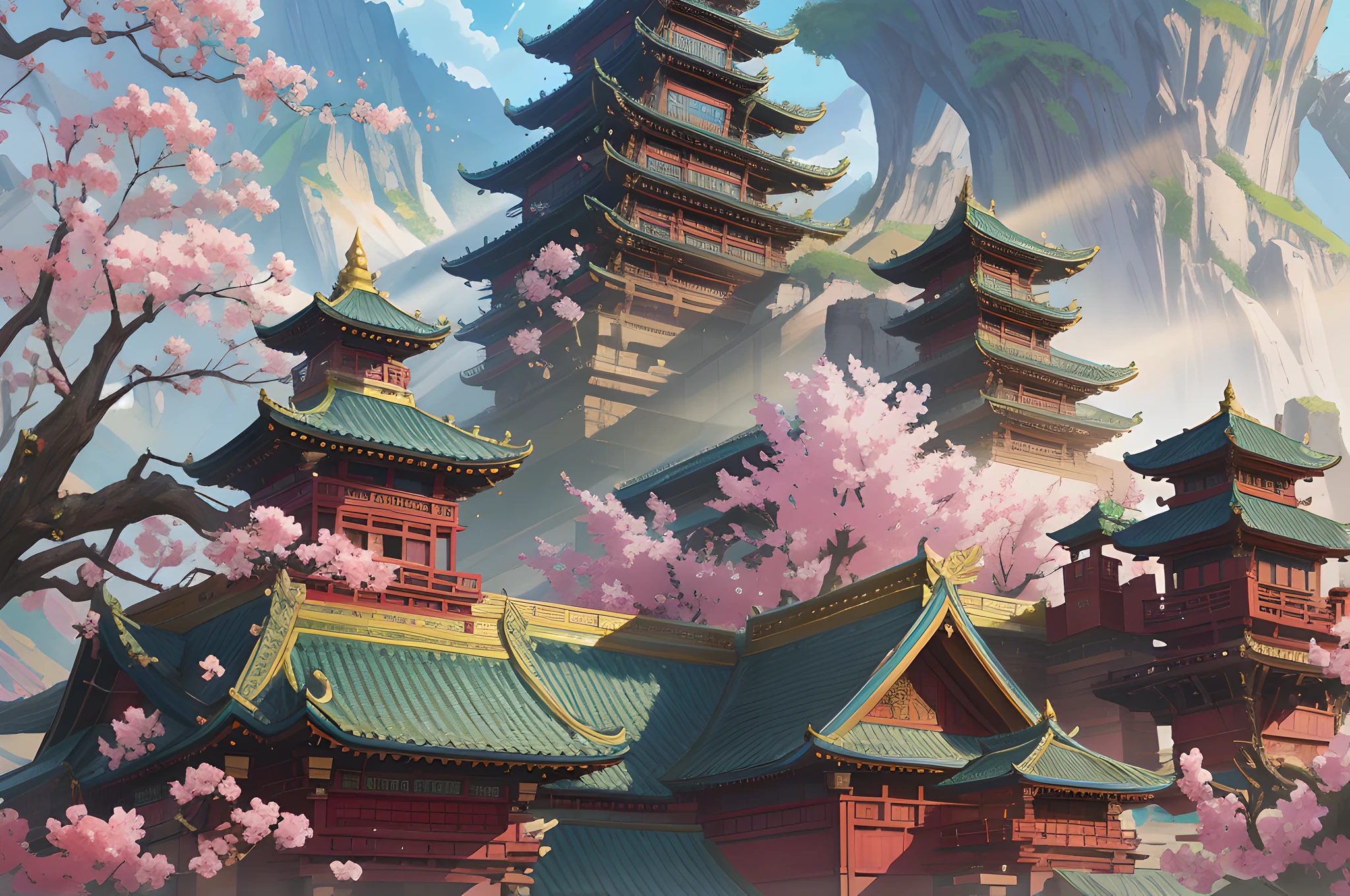 A large East Asian building, ancient architecture, valleys, magical plant growth, extreme details, realistic light, epic composition, (intricate details), (complex design, ultra details: 1.2), art station, (masterpiece, best quality), illustration, ultra hd, landscape background, anime fantasy artwork, 8k