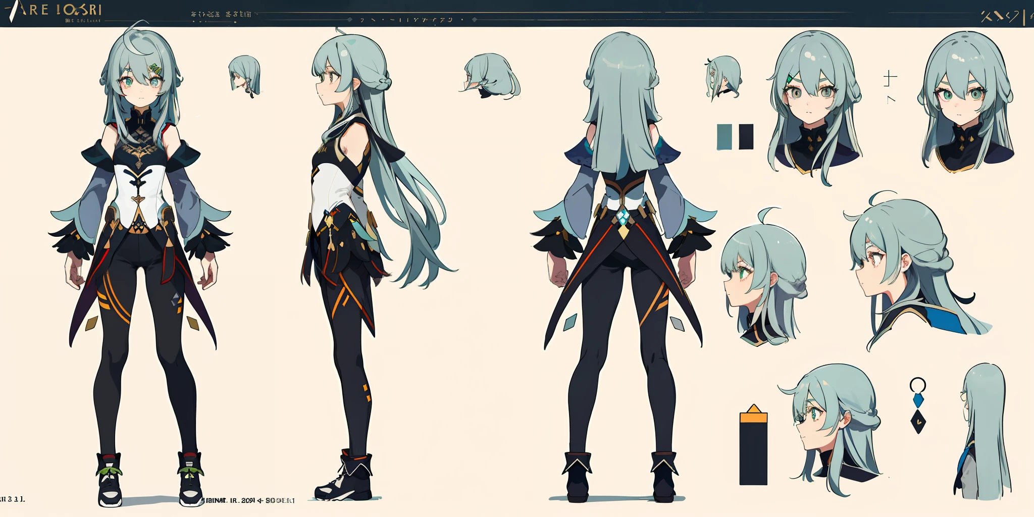 ((8k, best quality)))1 young girl, character sheet, concept art, full body, (best picture: 1.2), (best quality: 1.3), 1 girl, standing, long hair, triangle hairpins, black tight-fitting top, leggings, long eyelashes, gray-green hair, crossed bangs, amber eyes, horizontal pupils