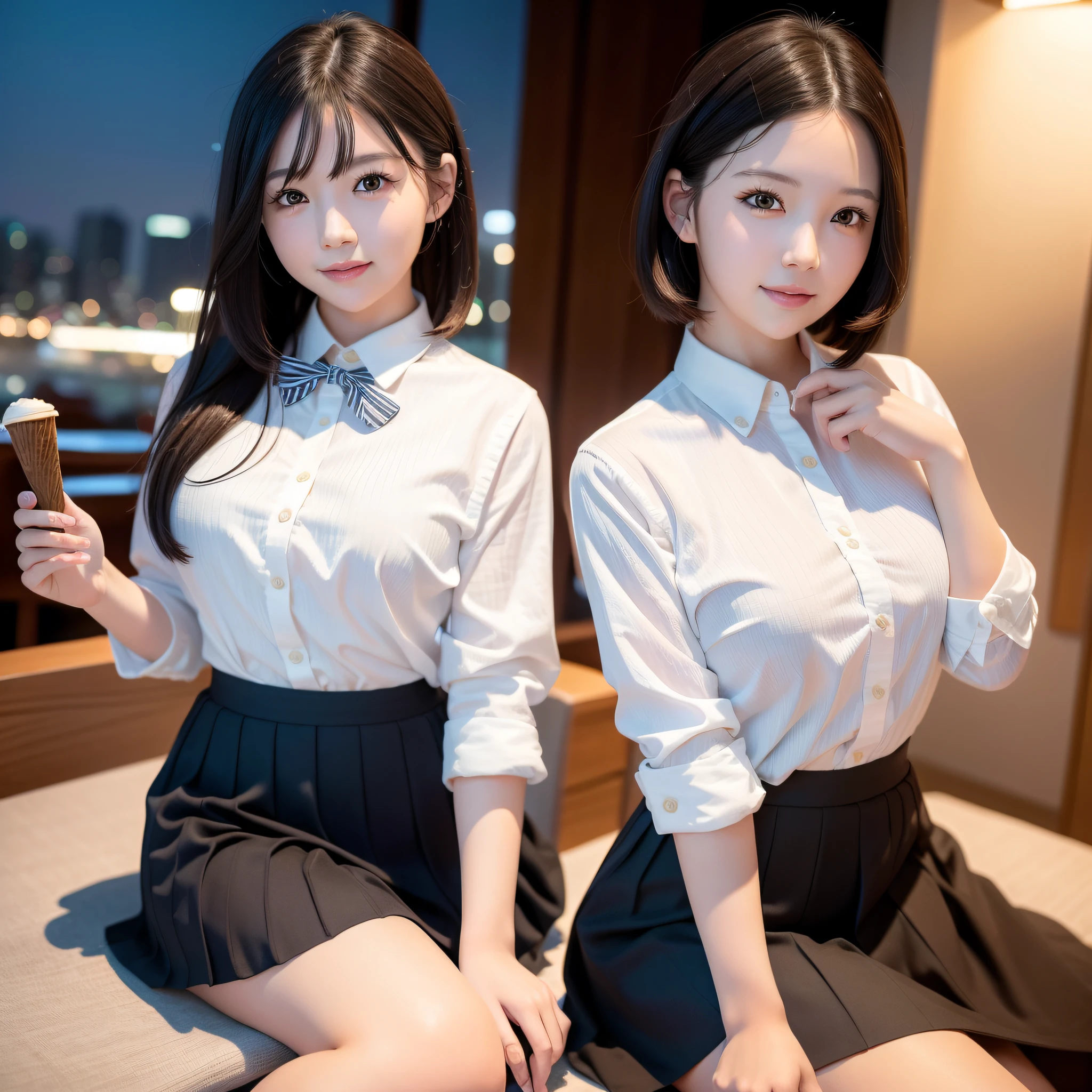 (8k, RAW photo, best quality, masterpiece: 1.2), (realistic, photo-realistic: 1.37), ultra-detailed, 1 girl, cute, solo, beautiful detailed sky, detailed coffee, night, sitting, (flushed nose), (smile: 1.1), medium breasts, beautiful detailed eyes, (collared shirt: 1.1), bow tie, pleated skirt, (short hair: 1.2), long hair, taking great ice cream,