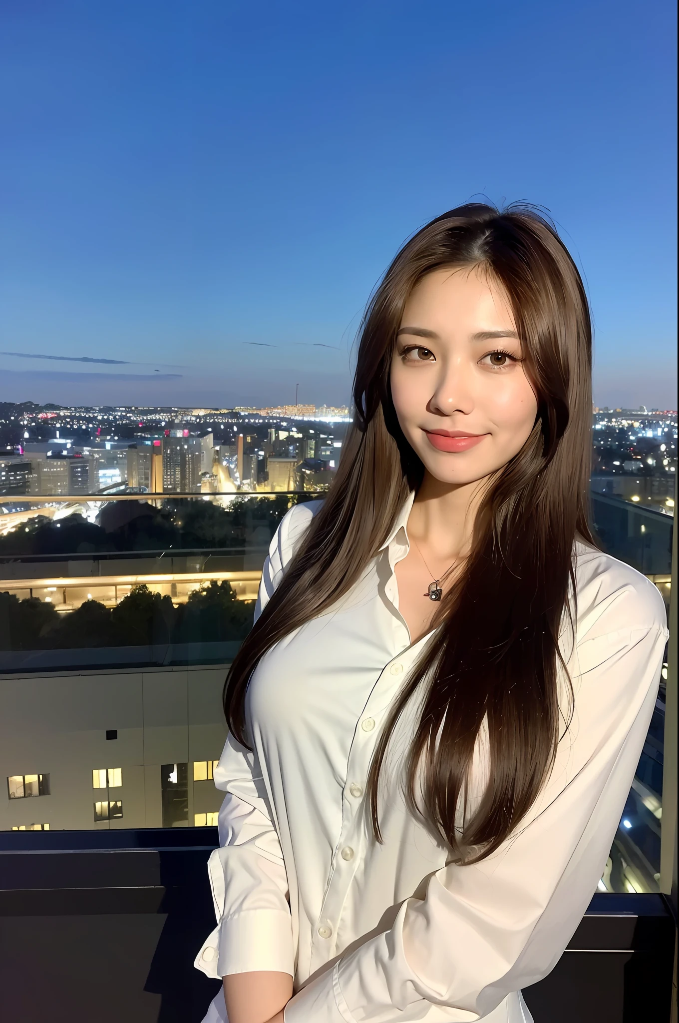 ((Best quality, 8k, Masterpiece :1.3)), Whole body, Long legs, Sharp focus :1.2, A pretty woman with perfect figure :1.4, Slender abs :1.1, ((Dark brown hair, Big breasts :1.2)), (Light fabric white shirt, Happy expression, Standing:1.2), ((Night city view, Balcony :1.3)), Highly detailed face and skin texture, Detailed eyes, Double eyelid