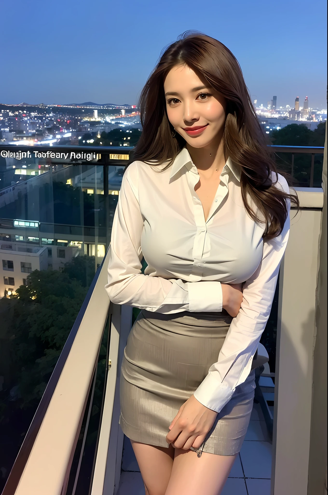 ((Best quality, 8k, Masterpiece :1.3)), Whole body, Long legs, Sharp focus :1.2, A pretty woman with perfect figure :1.4, Slender abs :1.1, ((Dark brown hair, Big breasts :1.2)), (Light fabric white shirt, Happy expression, Standing:1.2), ((Night city view, Balcony :1.3)), Highly detailed face and skin texture, Detailed eyes, Double eyelid