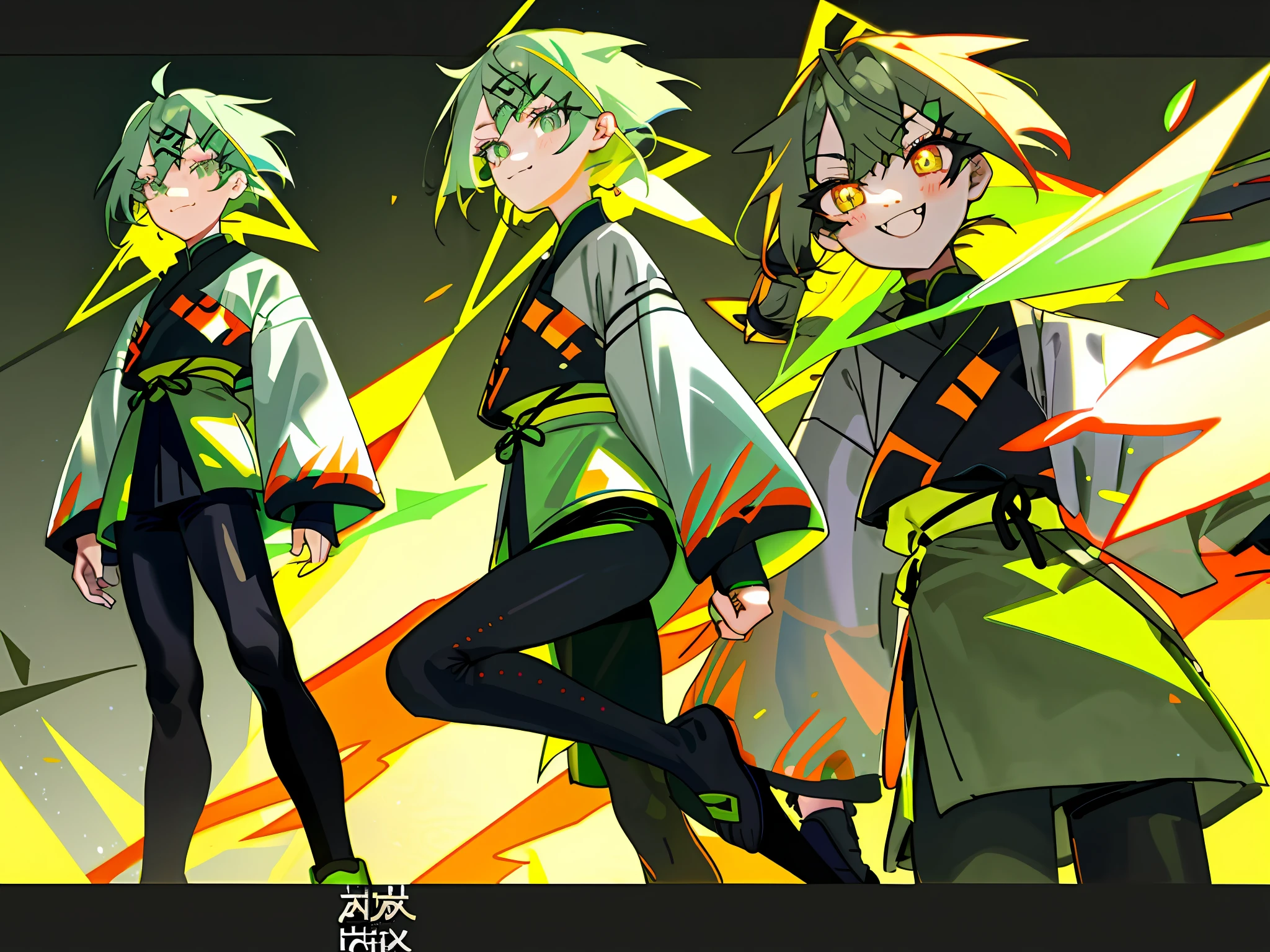 Triangular hairpins, hands, feet, costume, man, black tight-fitting top, leggings, tsundere, multiple views of the same character, long eyelashes, light smile, fangs, gray-green hair, crossed bangs, amber eyes, horizontal pupils, tachi-e, 8k