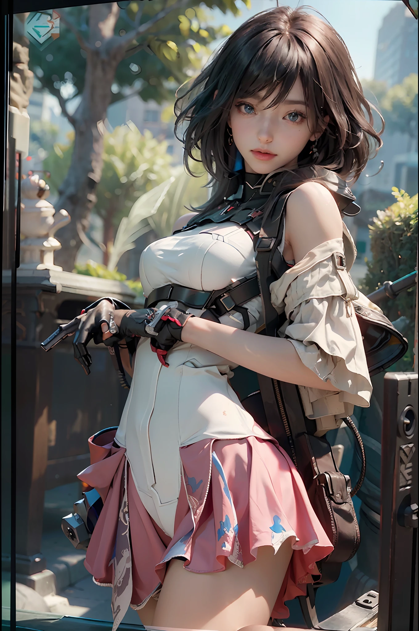 ((Best Quality)), ((Masterpiece)), (Details: 1.4), 3D, ((Square)), Perfect Face, ((Close-up of Face)), Perfect Fingers, Perfect Figure, A Beautiful Cyberpunk Female Image Facing Square, (Standing), (Upright), Action Pose, ((High Detail Skin, Visible Pores)), (Small Chest: 1.3), (Firearms), HDR (High Dynamic Range), Ray Tracing, NVIDIA RTX, Super-Resolution, Unreal 5, Subsurface Scattering, PBR Textures, Post-processing, Anisotropic Filtering, Depth of Field, Maximum Sharpness and Sharpness, Multi-layer Textures, Albedo and Highlight Mapping, Surface Shading, Accurate Simulation of Light-Material Interactions, Perfect Proportions, Octane Render, Bi-color Light, Large Aperture, Low ISO, White Balance, Rule of Thirds, 8K RAW,