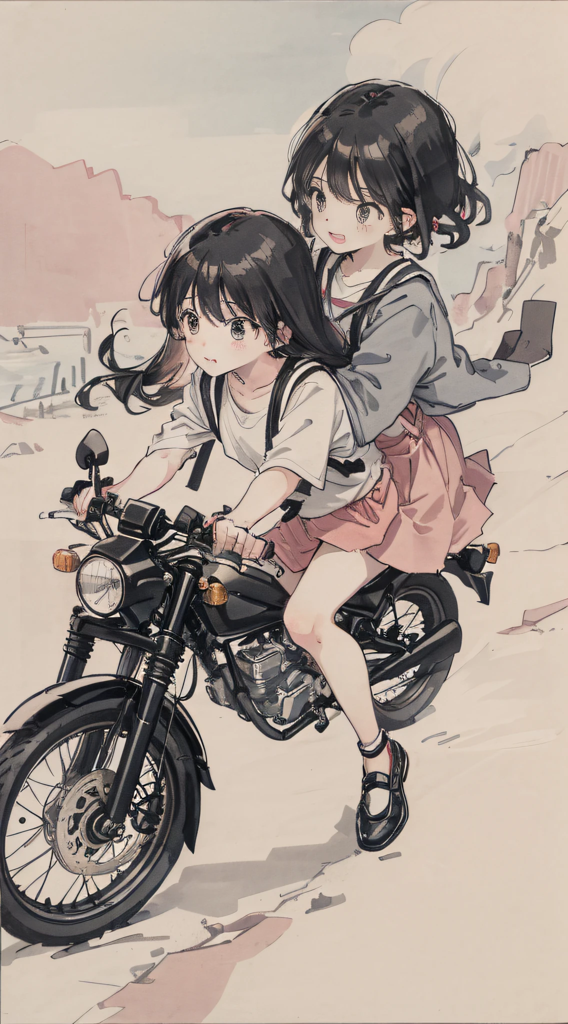 Girl riding a pink motorcycle, carrying a girl, ball head, flowing hair, back to me, cell phone in hand, cute, funny, suspenders, road background, vehicle, spoof, streamer, black hair, black cloth shoes, ink, landscape, HD