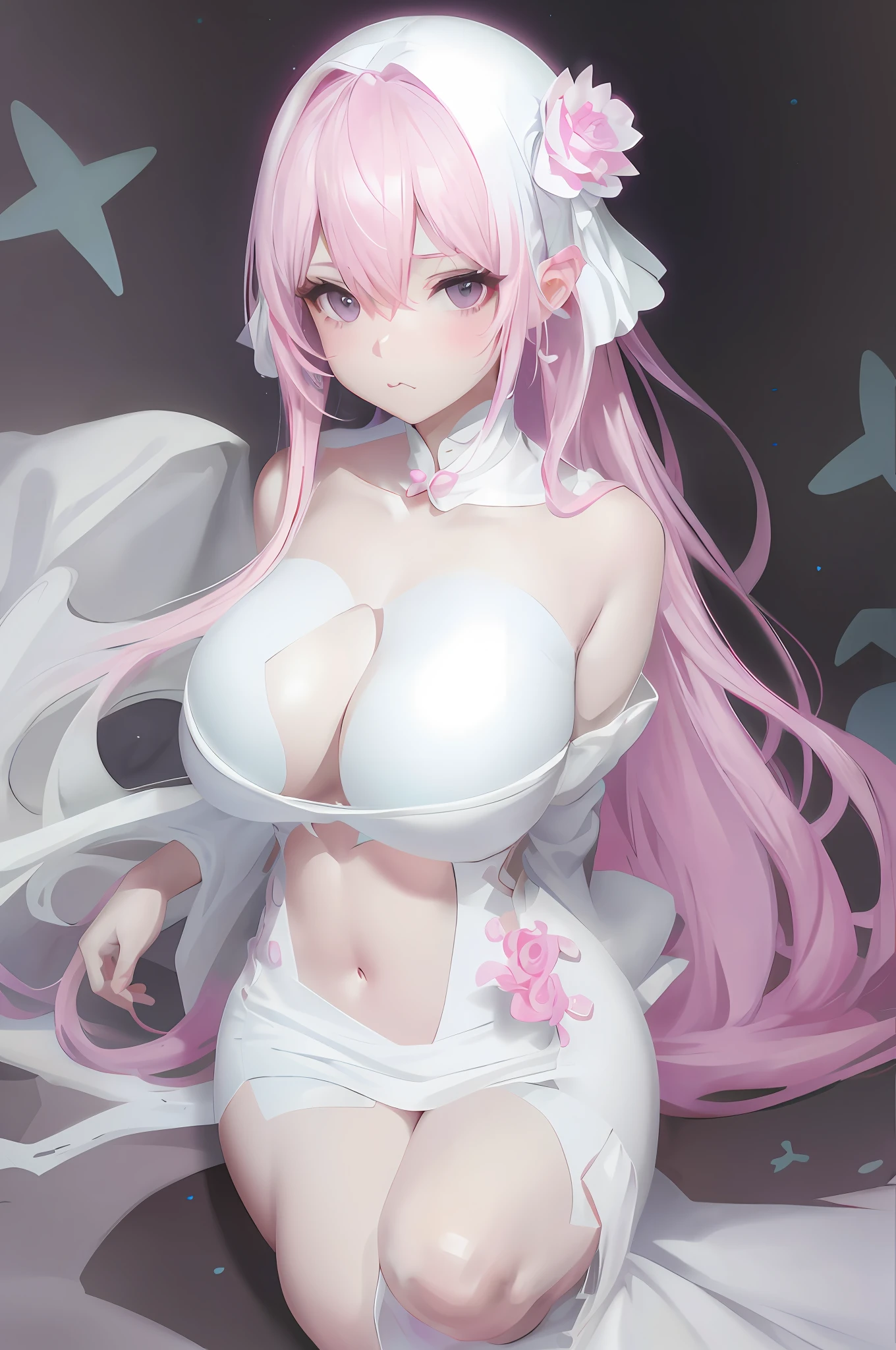 Pink hair sitting on bed, 8K high quality detail art, [4K digital art] !!, art station Guvitz on Pixiv, seductive anime girl, standing, pouting, half exposed breasts