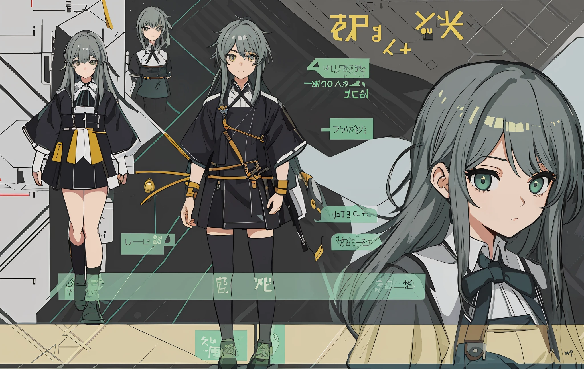 triangle hairpin,charturnerv2, 1boy, full body, same costume, concept art, full body, detail_face, line_sketch, PlanIt, official art, official alternative clothing, design style, multi-style, detail character, 4_side, original, 8K GC, lots of detail, multiple views of the same character, no background, only detail character, technical illustration, multi-view, masterpiece, best quality, black tights, Long eyelashes with leggings, grey-green hair, crossed bangs, amber eyes, horizontal pupils, tachi-e