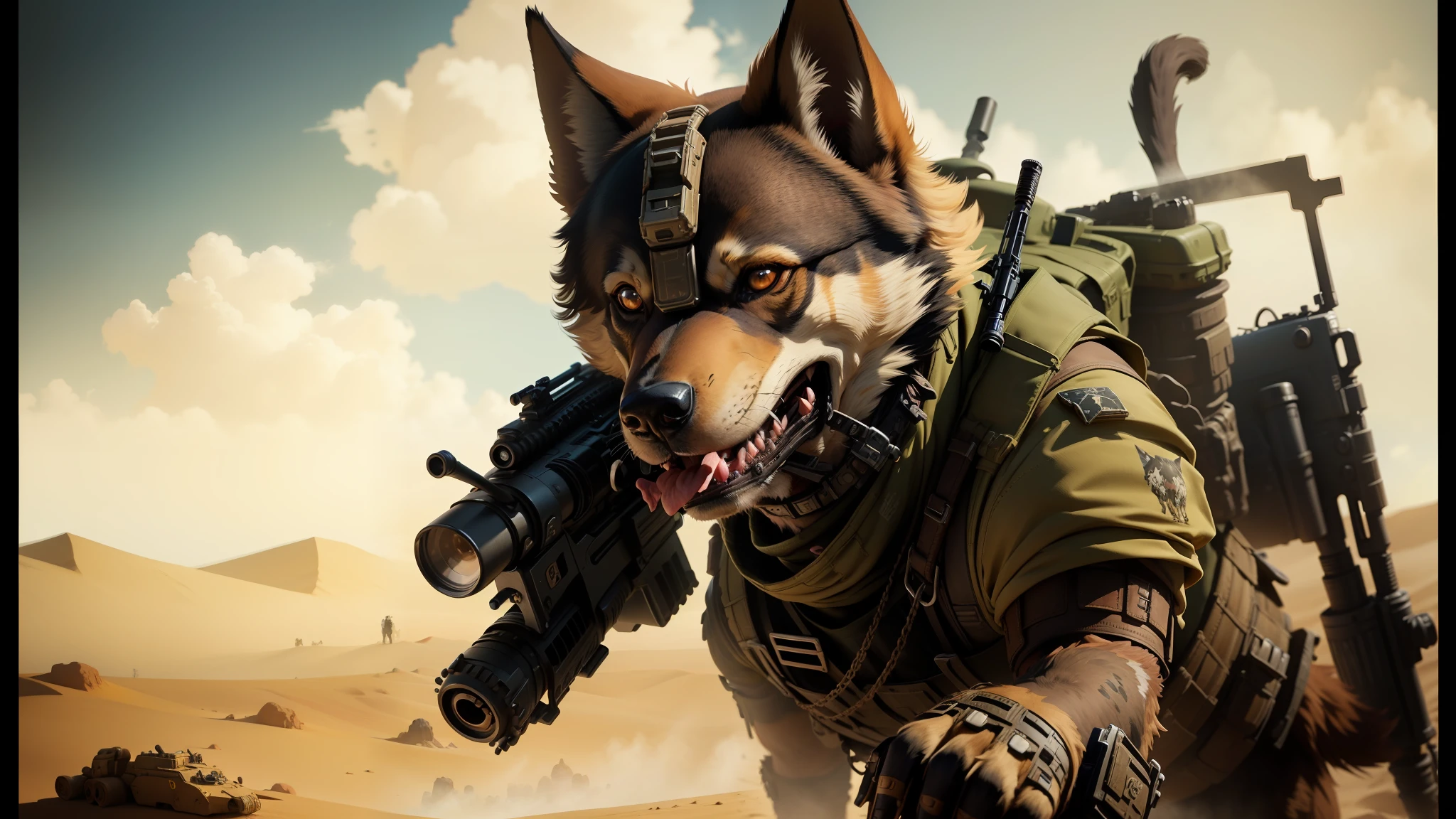 there is a dog with a gun in its mouth and a machine gun in its mouth, post-apocalyptic earth, breathtaking digital art, anthropomorphic coyote male, stunning vfx, raider, 3 dmax, painting of cute dog, the artist has used bright, stunningly detailed artwork, rugged soldier, dune (2021), pets --auto --s2