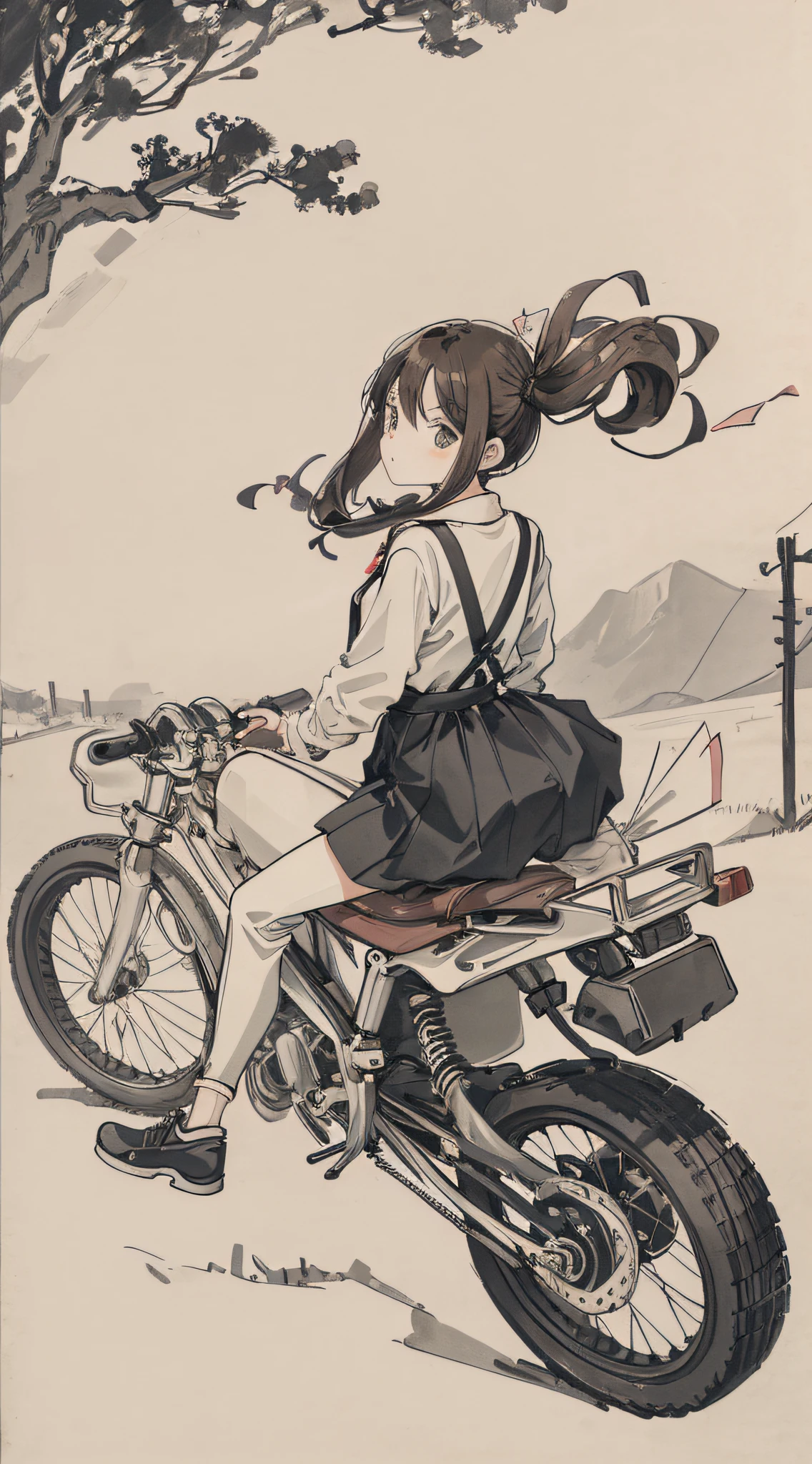 Girl riding a ball head, flowing hair, back to me, holding a cell phone in her hand, cute, funny, suspenders, road background, vehicles, spoof, streamers, brunette hair, ink, landscape, hd