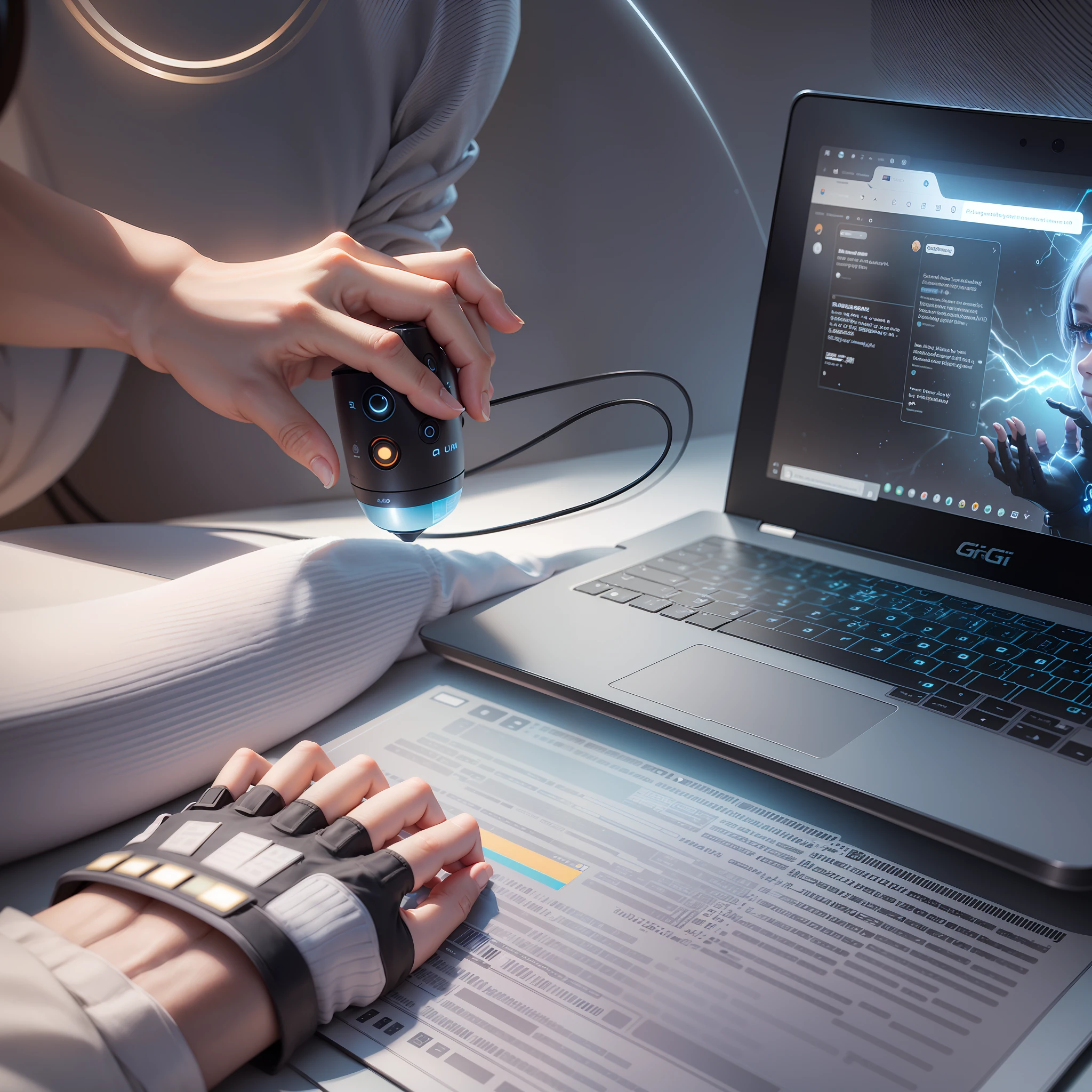A few images of a person holding a laptop, hands touching fingers, with AI themes, endless collaboration with AI, powerful artificial intelligence, trends on CGTarky, best AI images, artificial intelligence, AI researchers, Getty Images, trends on CGTety, AI startup, cybernetics features, images are futuristic, artificial intelligence machines --auto --s2