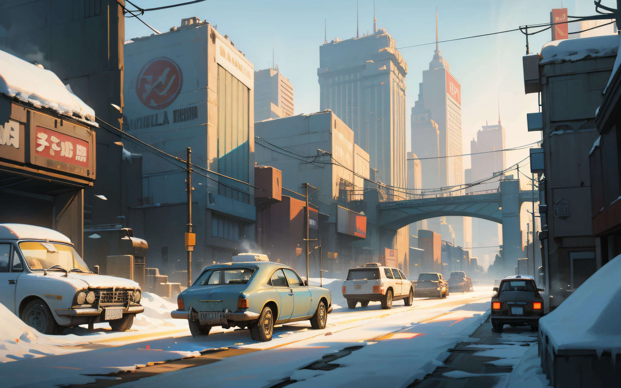 Ice and snow scene, horizontal scene, game sideboard scene, retro cyberpunk style, steam age, parallel perspective, cyberpunk, ice scene, heads-up, retro