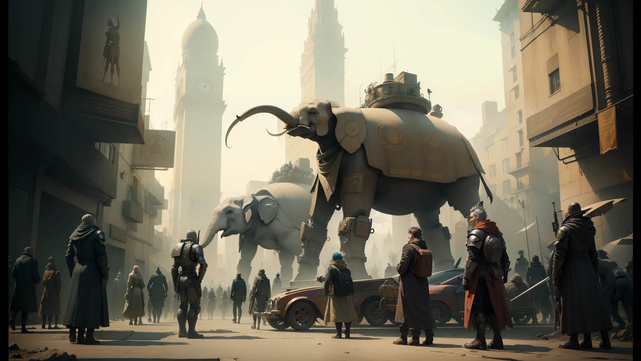 there are many people standing in front of a giant robot, beautiful render of a fairytale, post - apocalyptic city streets, inspired by Hans Eduard von Berlepsch-Valendas, the best of elephants, from netflix's arcane, style of dali, prehistory, movie screencap, discord --auto --s2