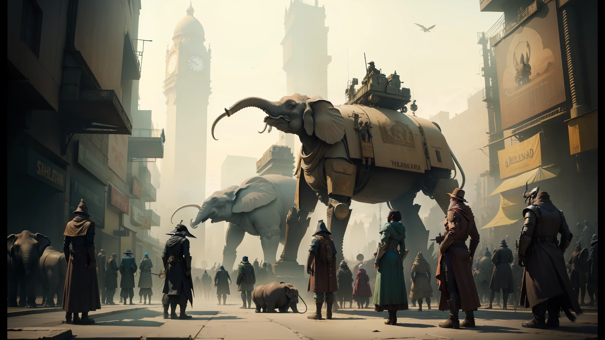 there are many people standing in front of a giant robot, beautiful render of a fairytale, post - apocalyptic city streets, inspired by Hans Eduard von Berlepsch-Valendas, the best of elephants, from netflix's arcane, style of dali, prehistory, movie screencap, discord --auto --s2