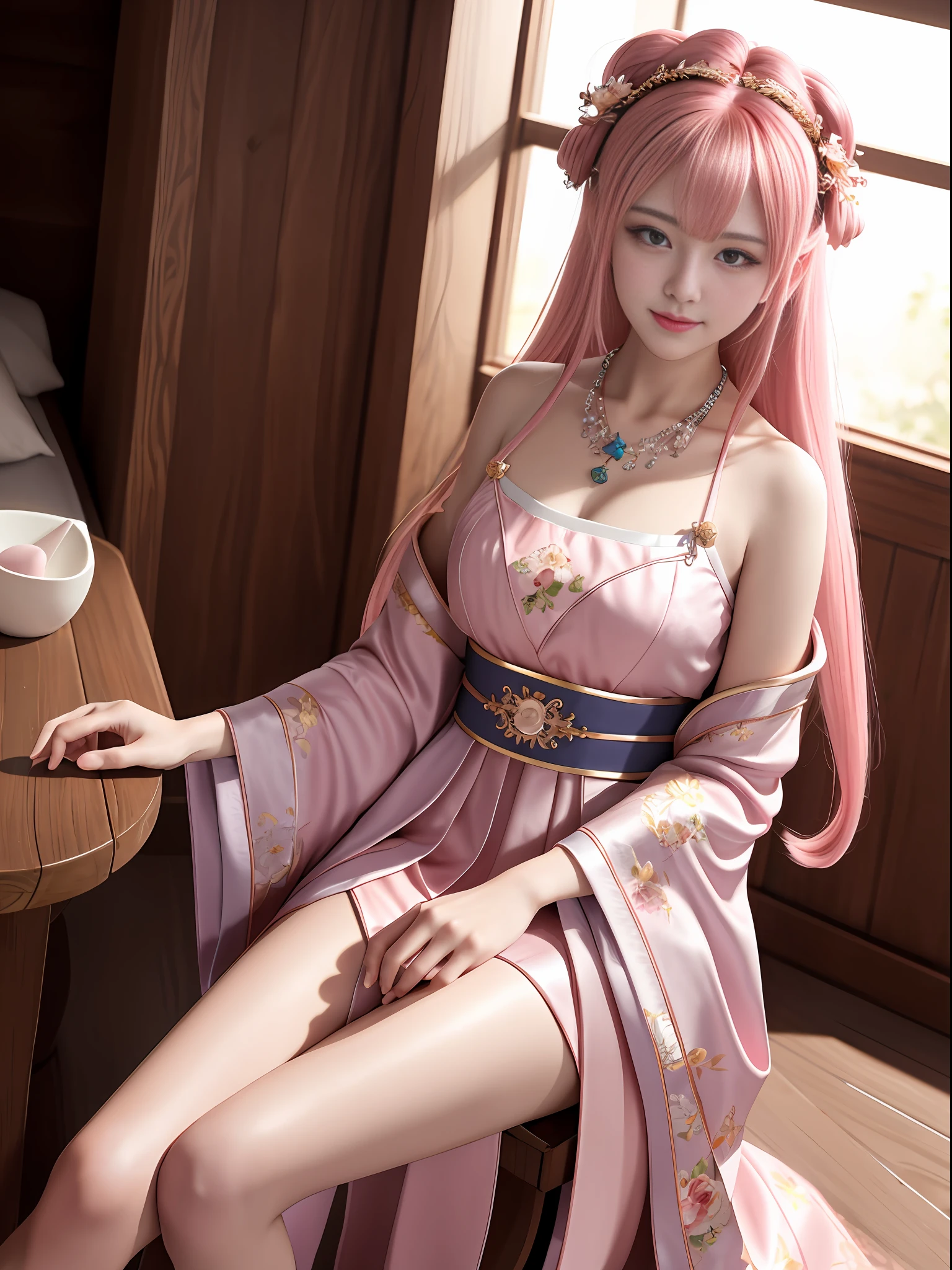 Best Quality, Masterpiece, High Resolution, 1Girl, Solo, Gorgeous Detailed Hanfu, Pink Hair, Hair Accessories, Necklaces, Jewelry, Beautiful Face, Blush, Star Eyes, Slim Figure, Tyndall Effect, Realism, Dark Studio, Edge Lighting, Two-tone Lighting, (High Detail Skin: 1.2), 8K UHD, DSLR, Soft Light, High Quality, Volumetric Light, Voyeur, Photos, High Resolution, 4K, 8K, Background Blur,