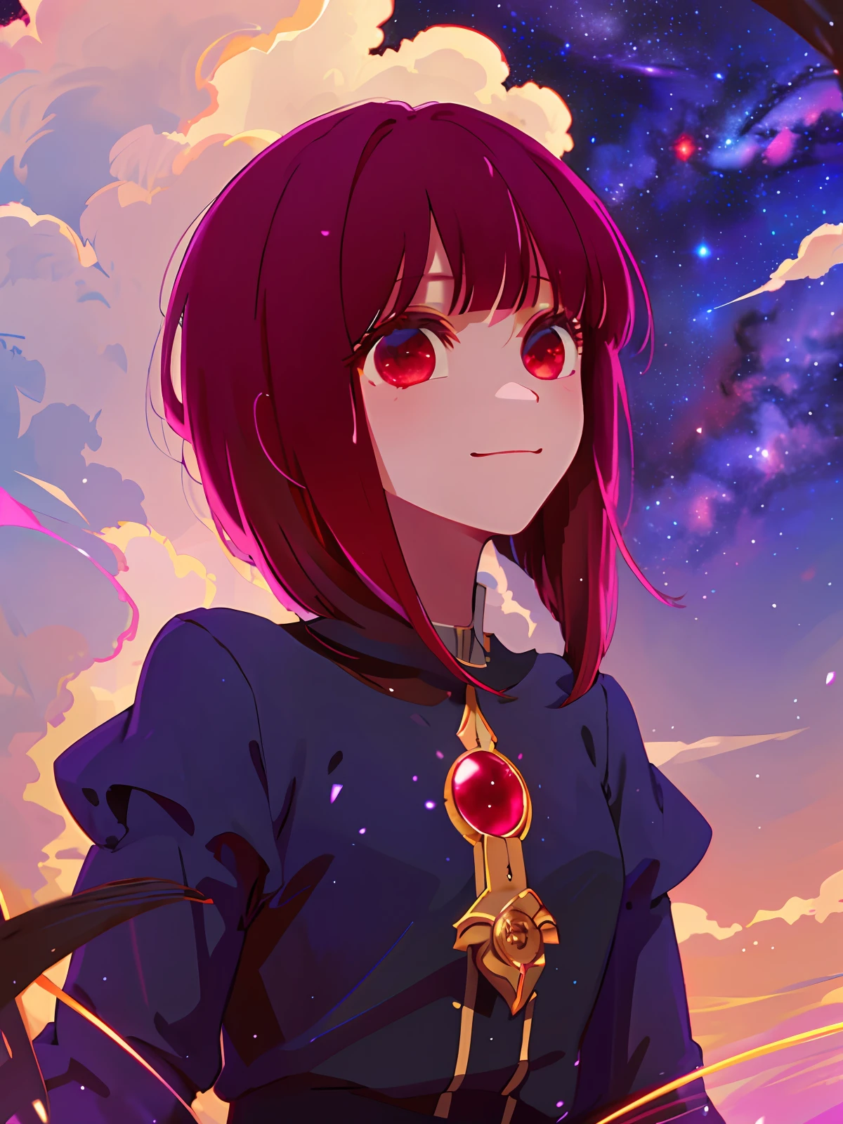 solo, 1girl, masterpiece, best quality, extremely detailed, Cinematic lighting, intricate detail, highres, official art, finely detailed beautiful face and eyes, high resolution illustration, 8k, depth of field, bokeh, dark intense shadows, overexposure,((space)), universe, star pupil eyes, short red hair, beautiful red eyes, gradient hair, white dress, simple dress, fluttering dress, long sleeves, detailed clouds, gradient sky, red eyes, purple sky, black sky, stars, ((milky way)), smile, looking at viewer, upper body,
