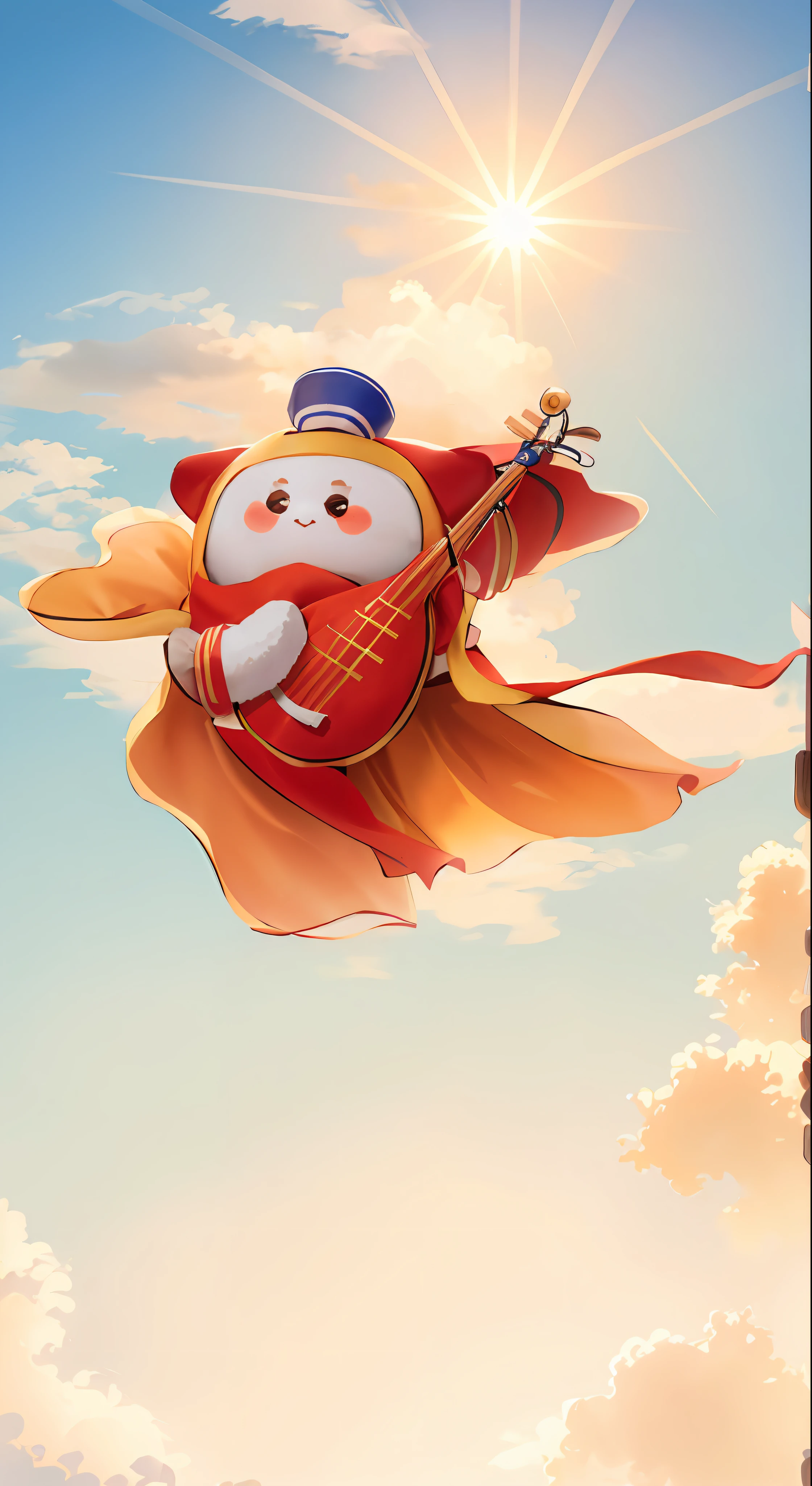 Moutai, mascot, cute, dress up as a lady, Feitian, Tang Dynasty, Pipa, high-precision illustration, summer, sunshine, sky