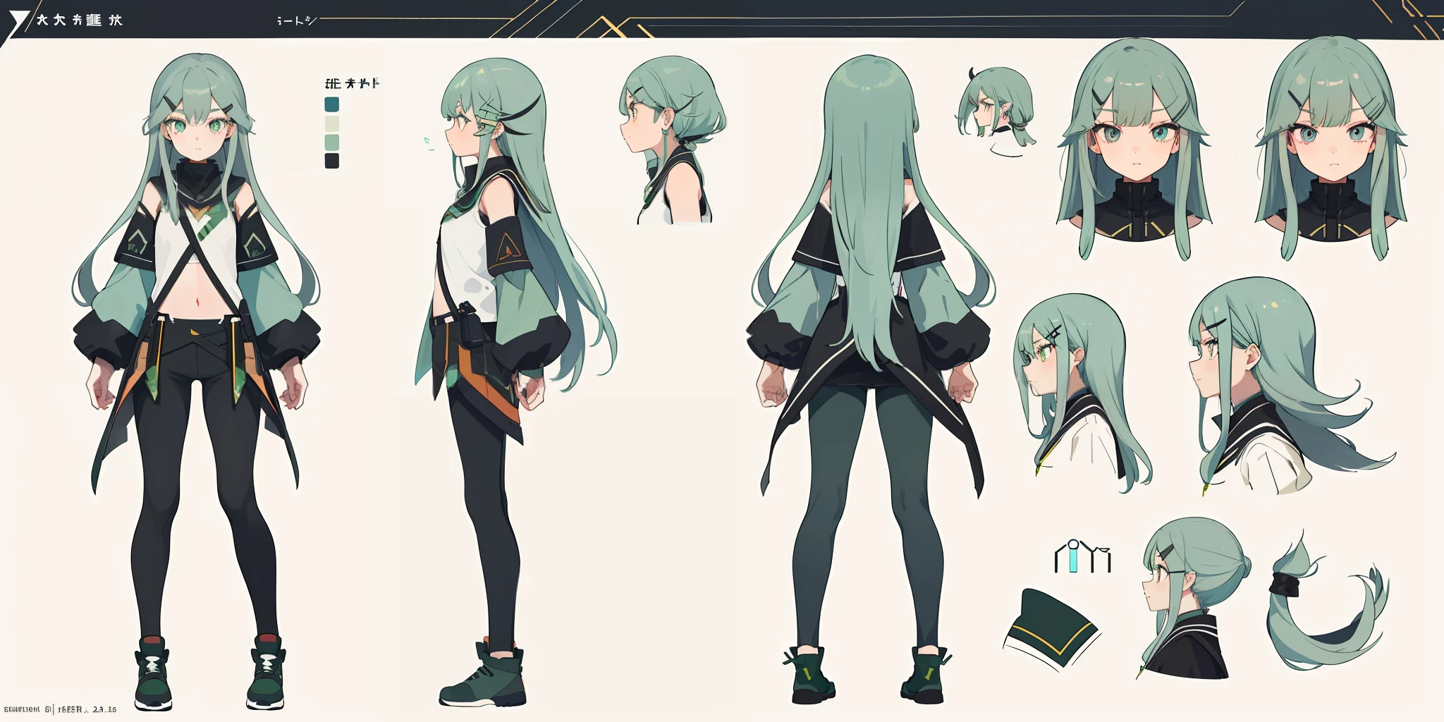 ((8k, best quality)))ung girl, character sheet, concept art, full body, (best picture: 1.2), (best quality: 1.3), 1 girl, standing, long hair, triangle hairpins, black tight-fitting top, leggings, long eyelashes, gray-green hair, crossed bangs, amber eyes, horizontal pupils
