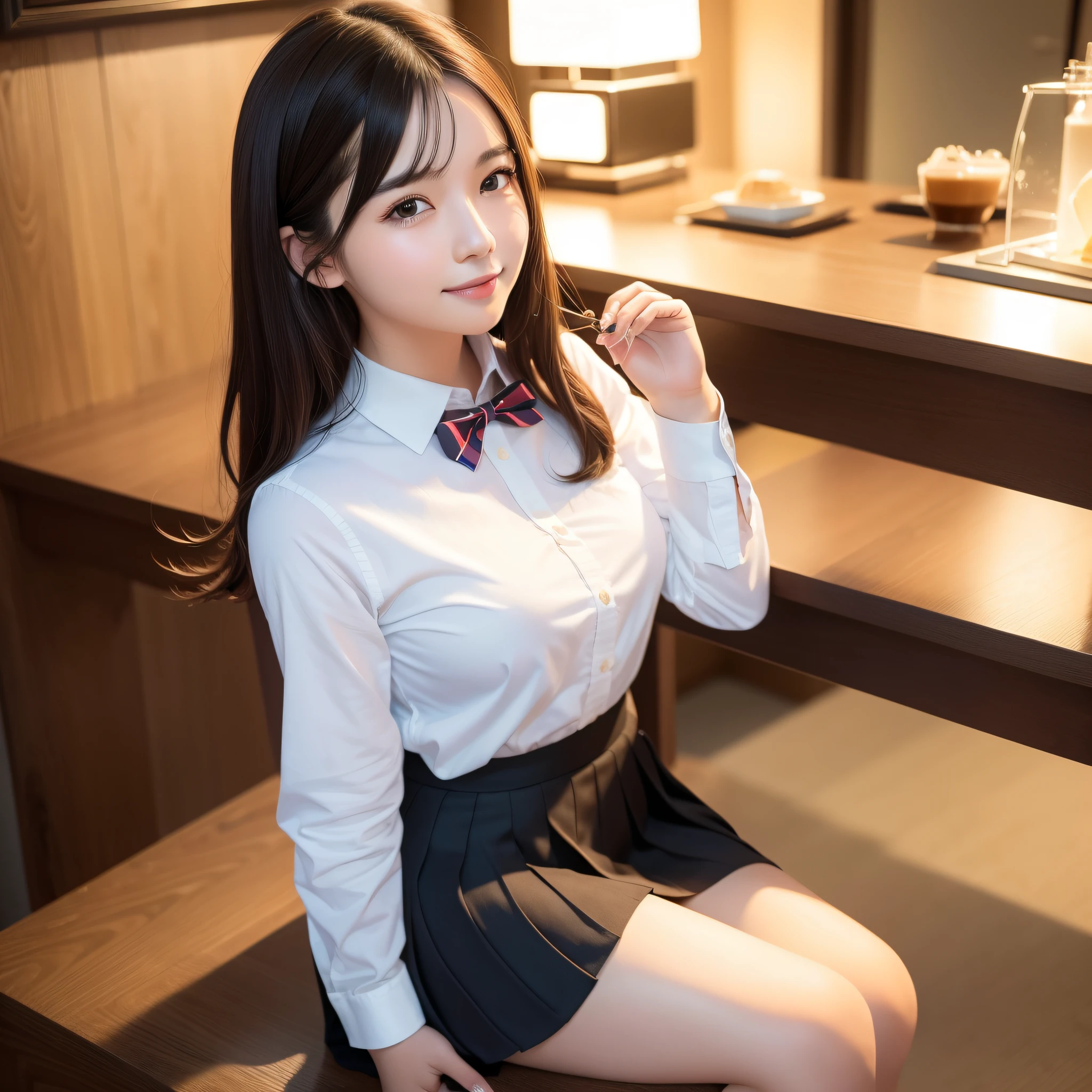 (8k, RAW photo, best quality, masterpiece: 1.2), (realistic, photo-realistic: 1.37), ultra-detailed, 1 girl, beautiful, solo, beautiful detailed sky, detailed coffee, night, sitting, (flushed nose), (smile: 1.1), medium breasts, beautiful detailed eyes, long brown hair, (collared shirt: 1.1), bow tie, pleated skirt, (short hair: 1.2), long hair, eating big ice cream,