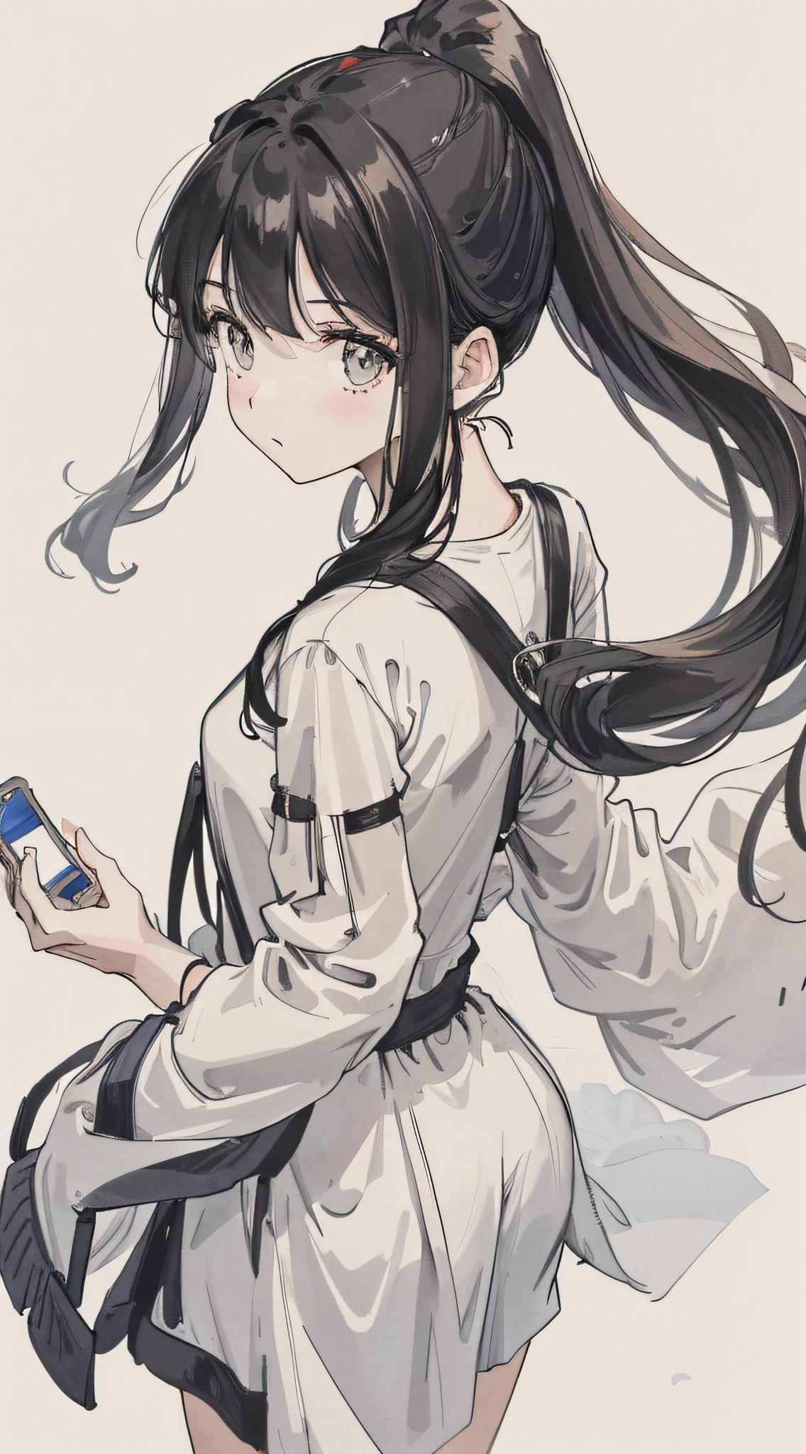 The girl has a ball head, flowing hair, her back to me, holding her mobile phone to play with me, close-up, HD