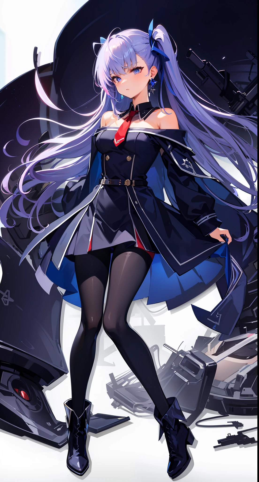 (Hyper Extreme Detail), (Masterpiece), (Hyper Extreme), (Photorealistic), CG, (Color: 1.2), Beautiful Lighting, Light from the Front, Solo, (Azure Lane), Light purple hair, Ultra high definition face, Long hair, one hair tied in a blue ribbon, pin heel seat boots folded back, red tie, Off-the-shoulder outfit with open chest with blue collar, tight miniskirt dress, (black pantyhose), long hem military uniform over the shoulders, (military), on the sea, splash