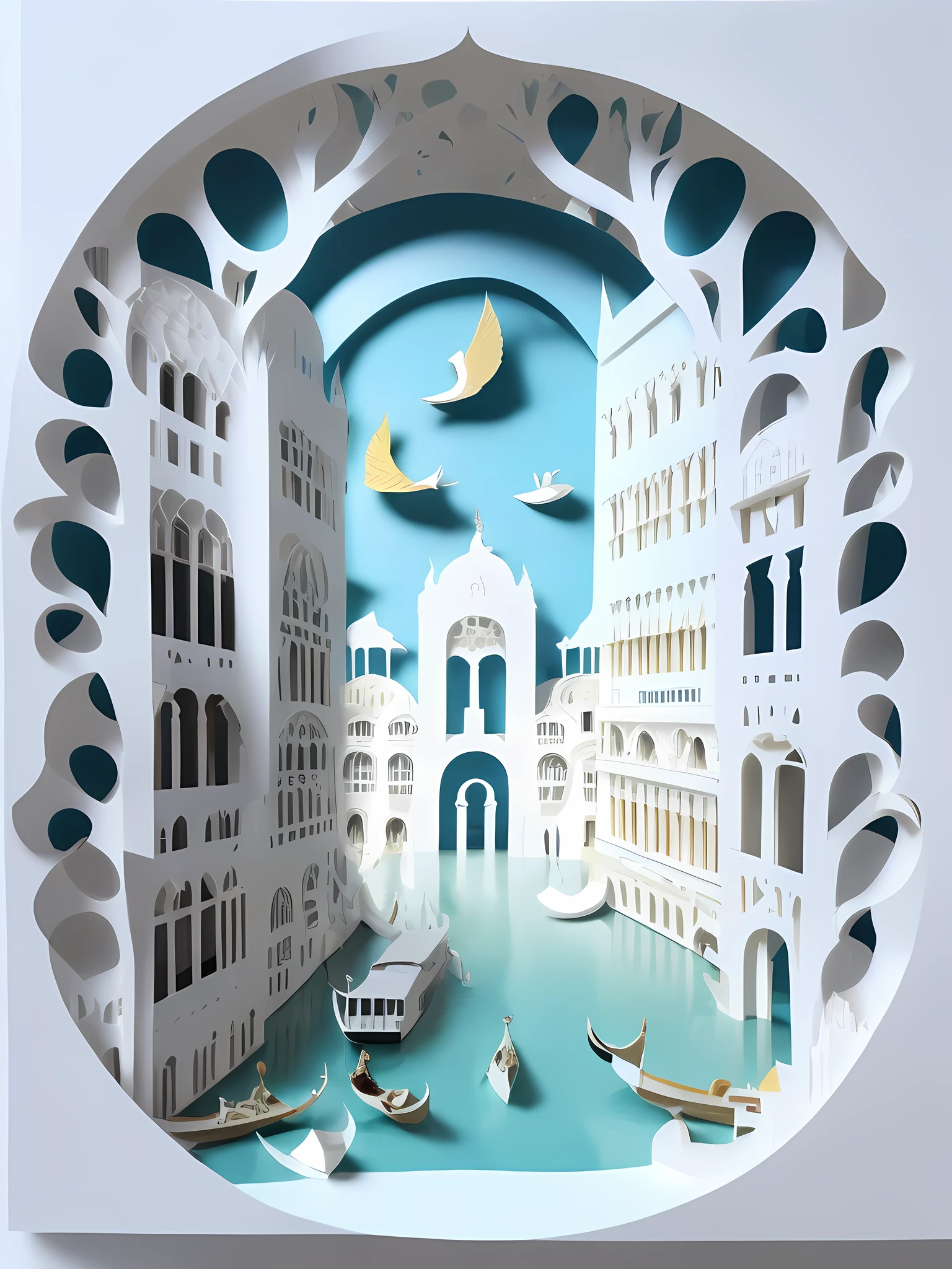 Venice, Italy, architecture, water city, front view layer, 3D paper cutting, minimalist composition, white background, 3D stereoscopic, HD rendering.