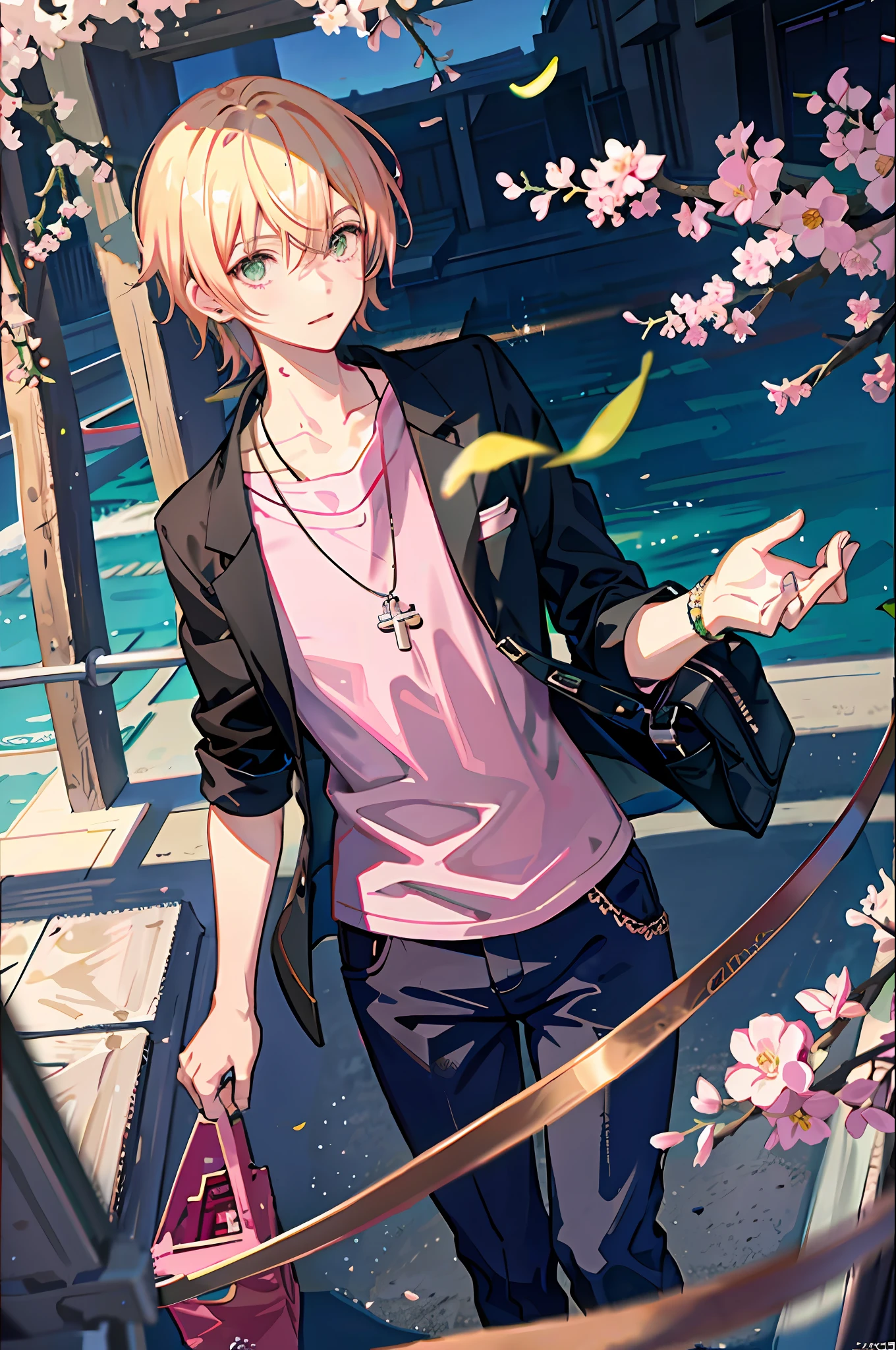 1boy, bag, blonde hair, pink shirt, green eyes, hair covering right eye, black jewelry, looking at viewer, male focus, necklace, pants, shirt, solo, black jacket, sakura blossoms, watch, blue pants, pink earrings, curly hair, trending on artstation, 8k resolution, highly detailed, anatomically correct, sharp image, digital painting, concept art, trending on pixiv, style of makoto shinkai,