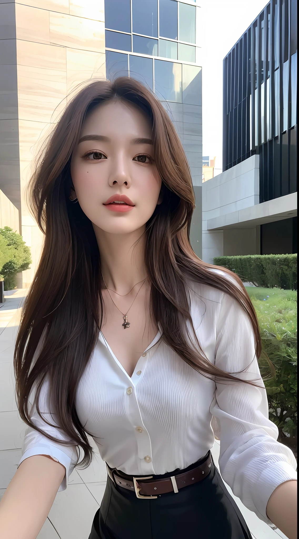 (Best quality, High resolution, Masterpiece :1.3), A tall and pretty woman, Slender abs, Dark brown hair styled in loose waves, Breasts, Wearing pendant, White button up shirt, Belt, Black skirt, (Modern architecture in background), Details exquisitely rendered in the face and skin texture, Detailed eyes, Double eyelid