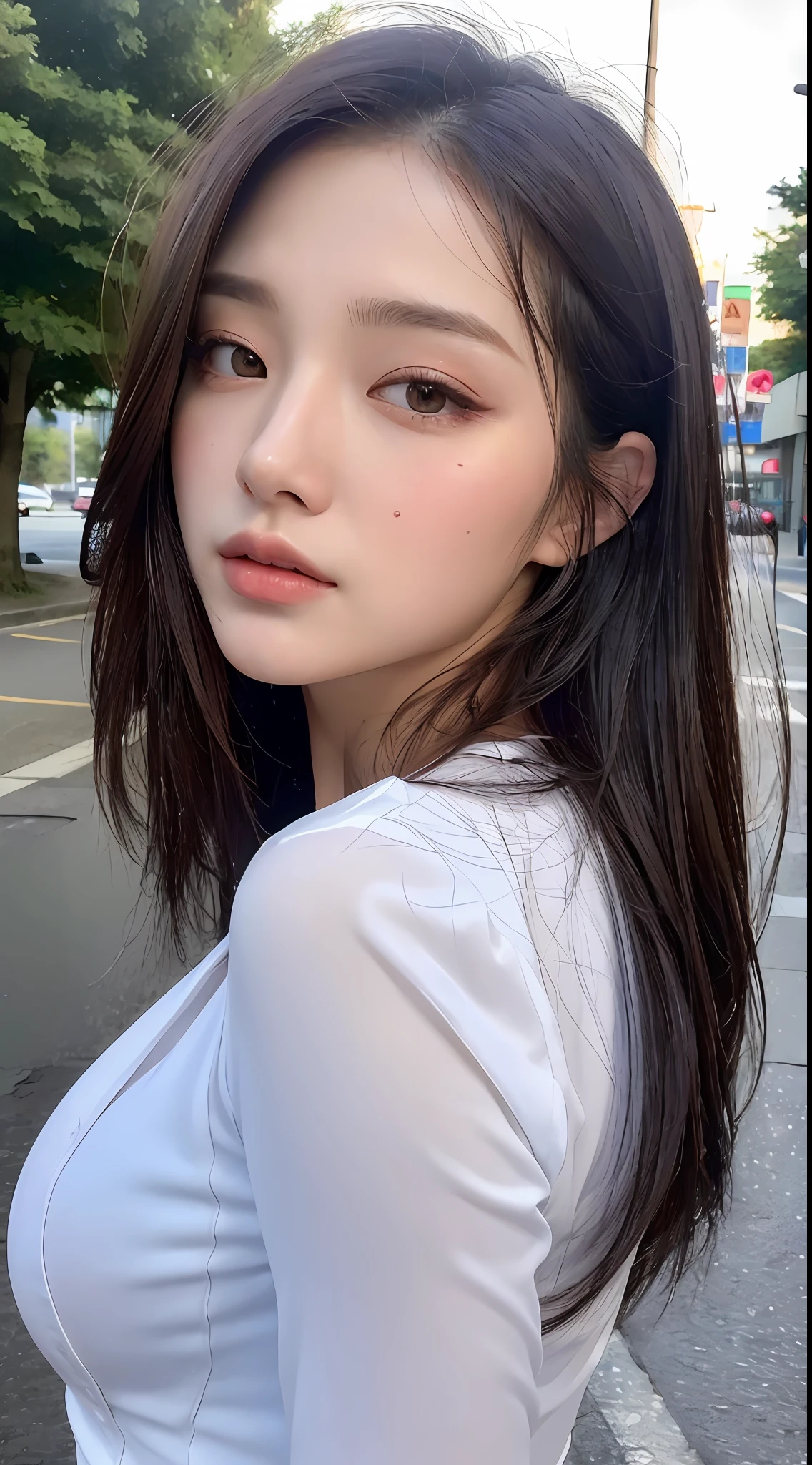((Best Quality, 8K, Masterpiece: 1.3)), Sharp: 1.2, Perfect Body Beauty: 1.4, Slim Abs: 1.2, ((Layered Hairstyle, Big Breasts: 1.2)), (Wet White Button Long Shirt: 1.1), (Rain, Street: 1.2), Wet: 1.5, Highly detailed face and skin texture, detailed eyes, double eyelids, side face looking at the camera