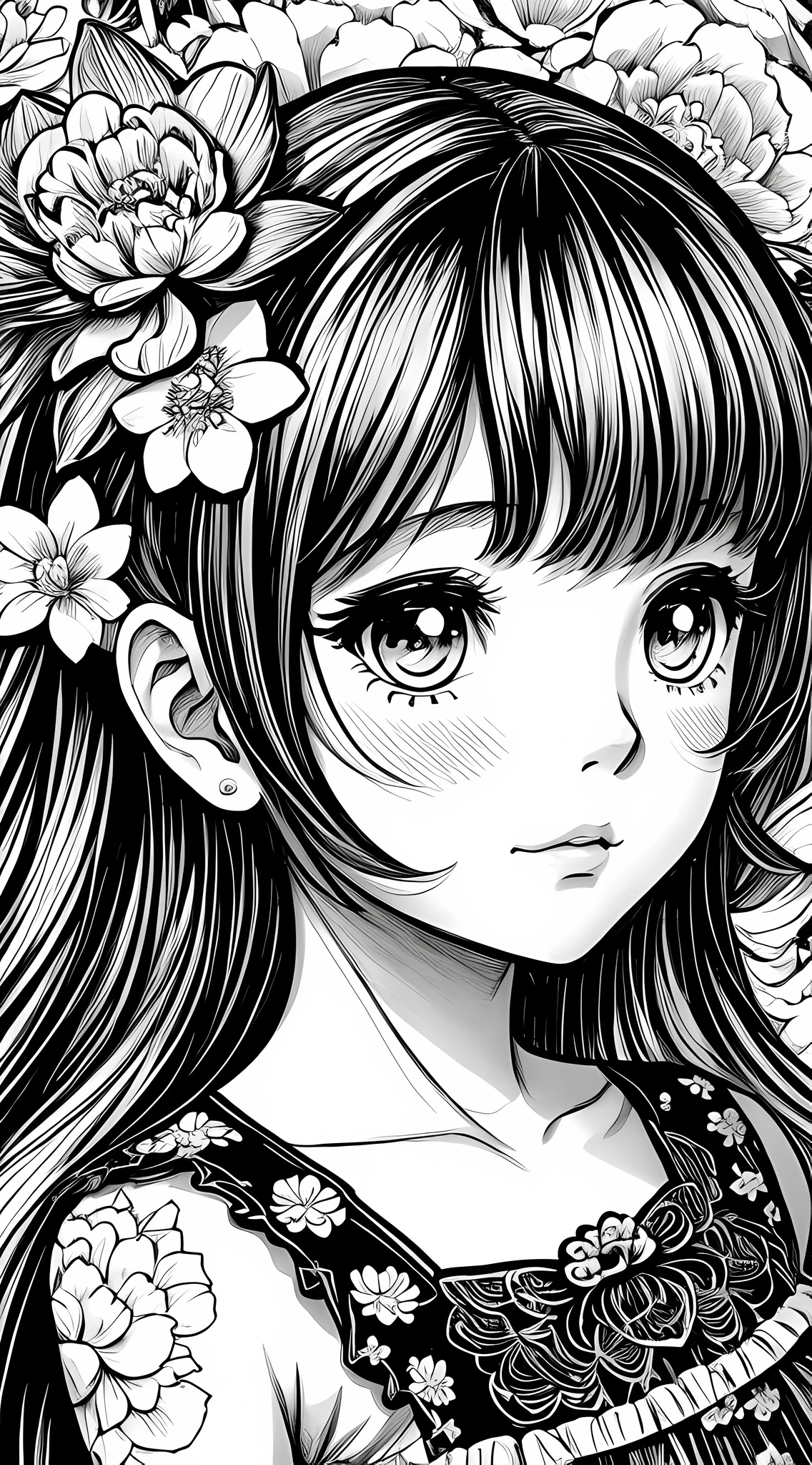 Black and white stick figure girl with peony and butterfly background, loli in dress with flowers, its fine ink line art, manga style, portrait of magical Lolita girl, beautiful line art, black and white comic style, manga style, manga art style, pencil and ink caricature drawing, black and white coloring --auto --s2
