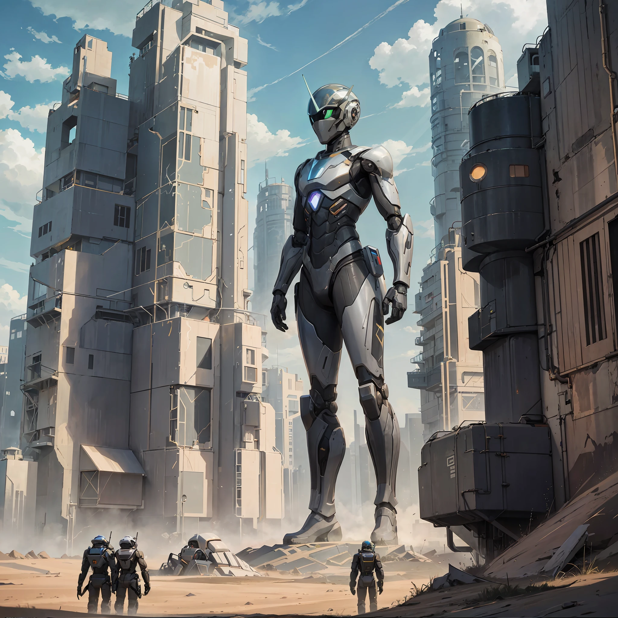 Content: "I, Robot" style, a group of robots, a vast desert; Style: sci-fi, futuristic; Lighting: nature, sunlight; Color: cool color, metallic texture; Composition: Wide-angle shot, with humans standing on a distant hilltop overlooking a group of robots in the foreground, forming a triangular composition. --ar 1920:450 --v 5.1 --style original --q 2 --s 750 --auto --s2