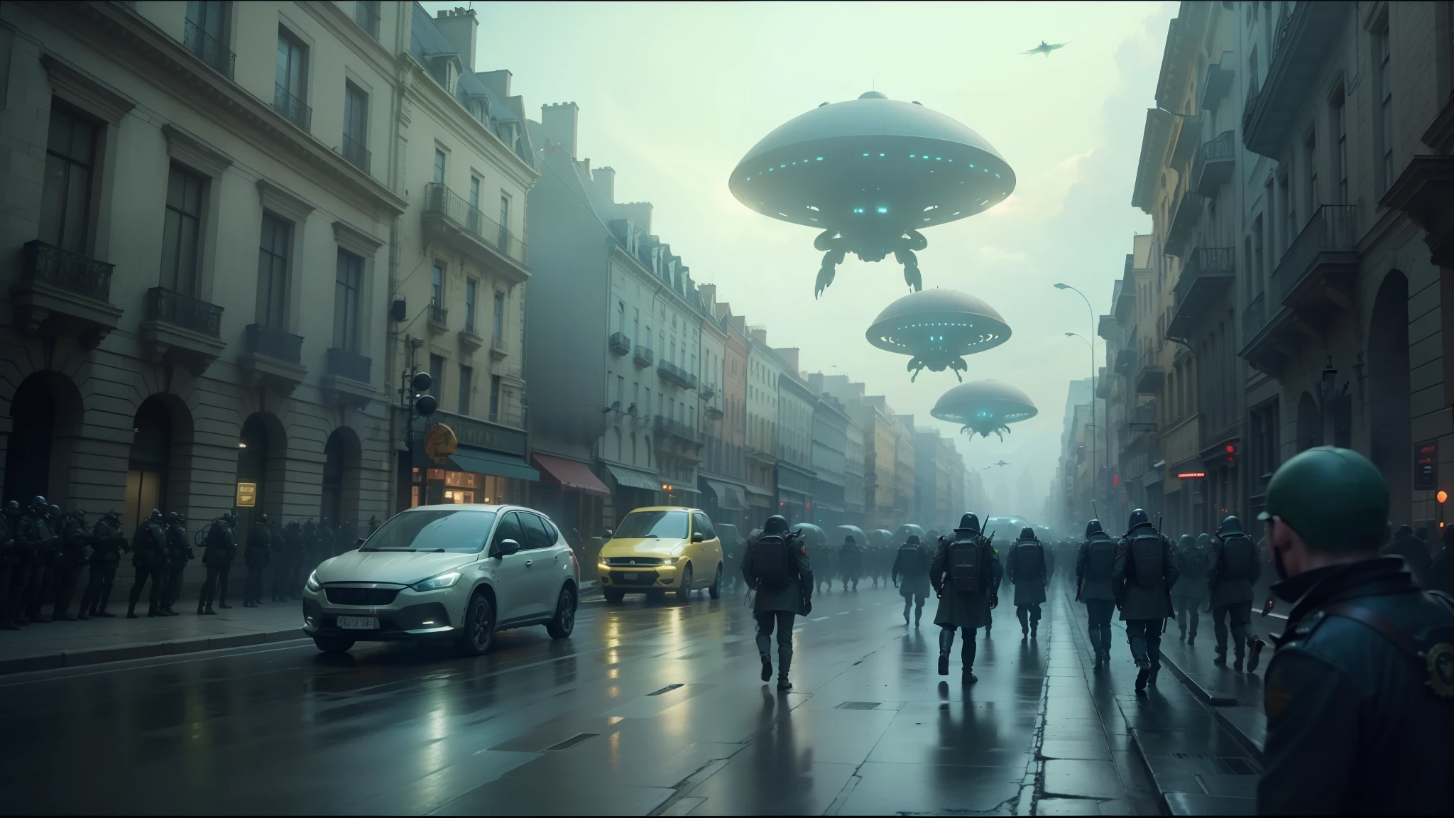 there are many people in the street with large alien flying above, cinematic still frame, vfx render, in formation, inspired by Gustave Baumann, military parade, promotional image, horde of zombies, promotional picture --auto --s2